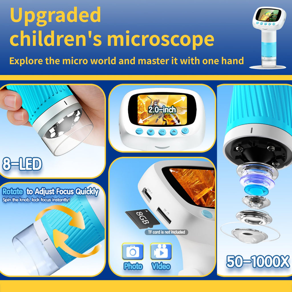 Microscope for Kids & Video Camera, Kid Science Toys，Handheld Digital Microscope，STEM Educational Toy for Wonder Quest，Magnifying Glass for Bugs，Birthday for Boys and Girls (Light Blue) (Blue)