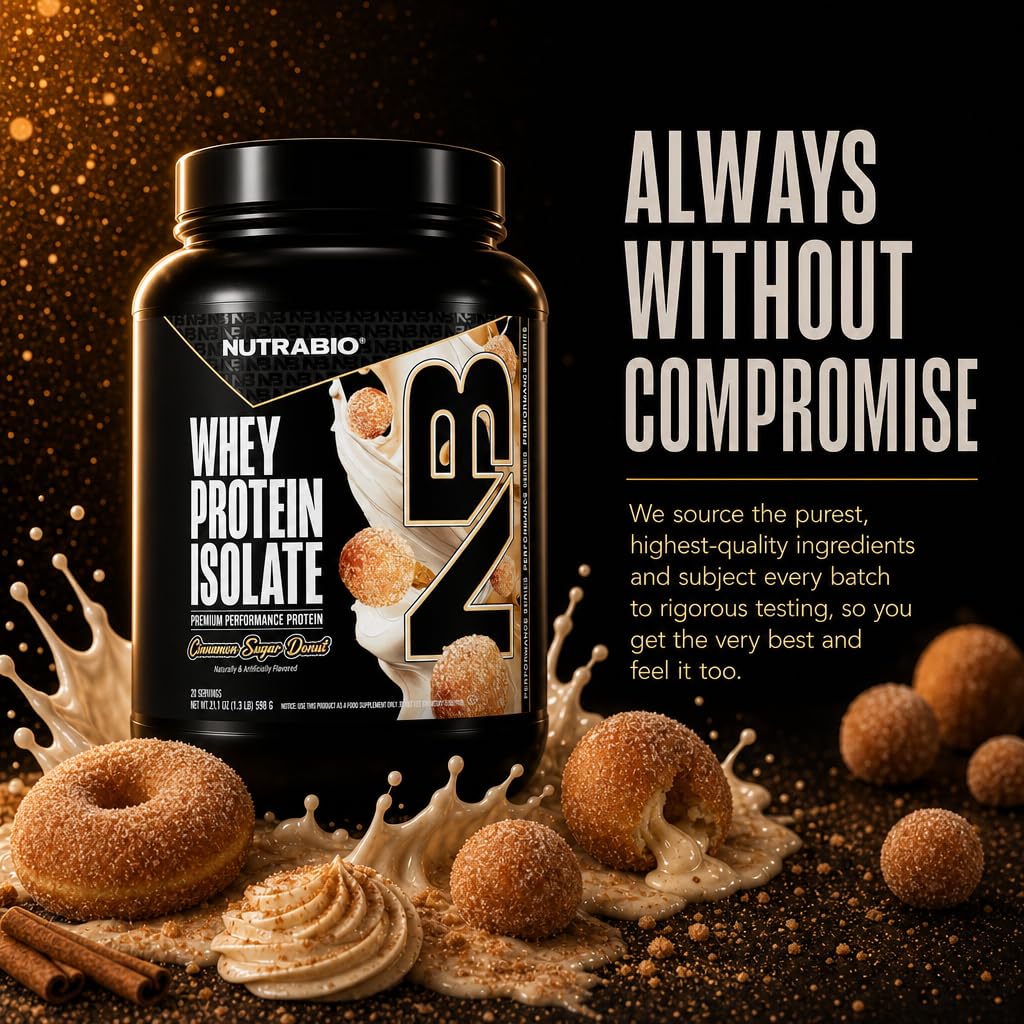 NutraBio 100% Whey Protein Isolate Protein Powder, 25g Protein with Complete Amino Acid Profile, Non-GMO, Soy & Gluten Free, Low Carb, Low Calorie Whey Protein Powder, Cinnamon Sugar Donut,20 servings
