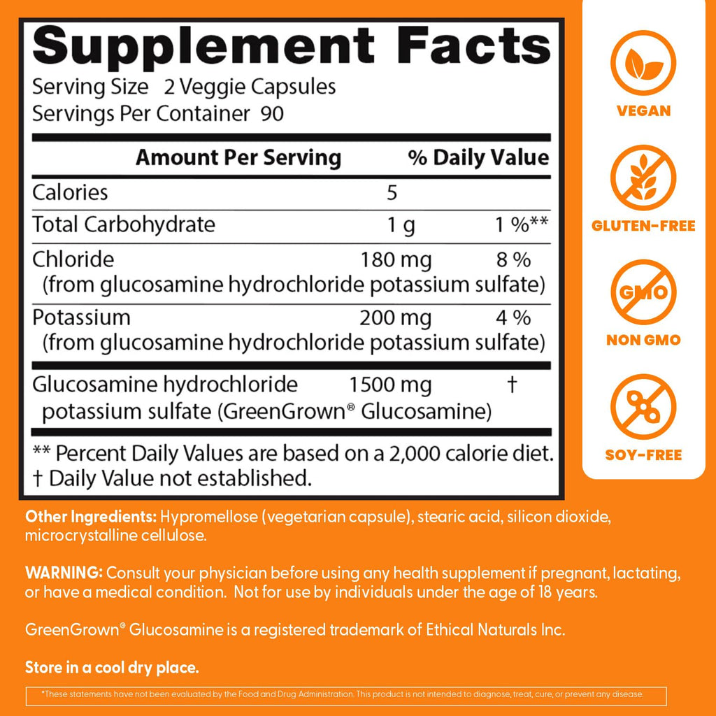 Doctor's Best Vegan Glucosamine Supplement for Men & Women - Glucosamine 1500mg Per 2 Capsules, Joint Health Support for Adults, Gluten Free, Non GMO, Vegetarian/Vegan - 180 Veg Caps