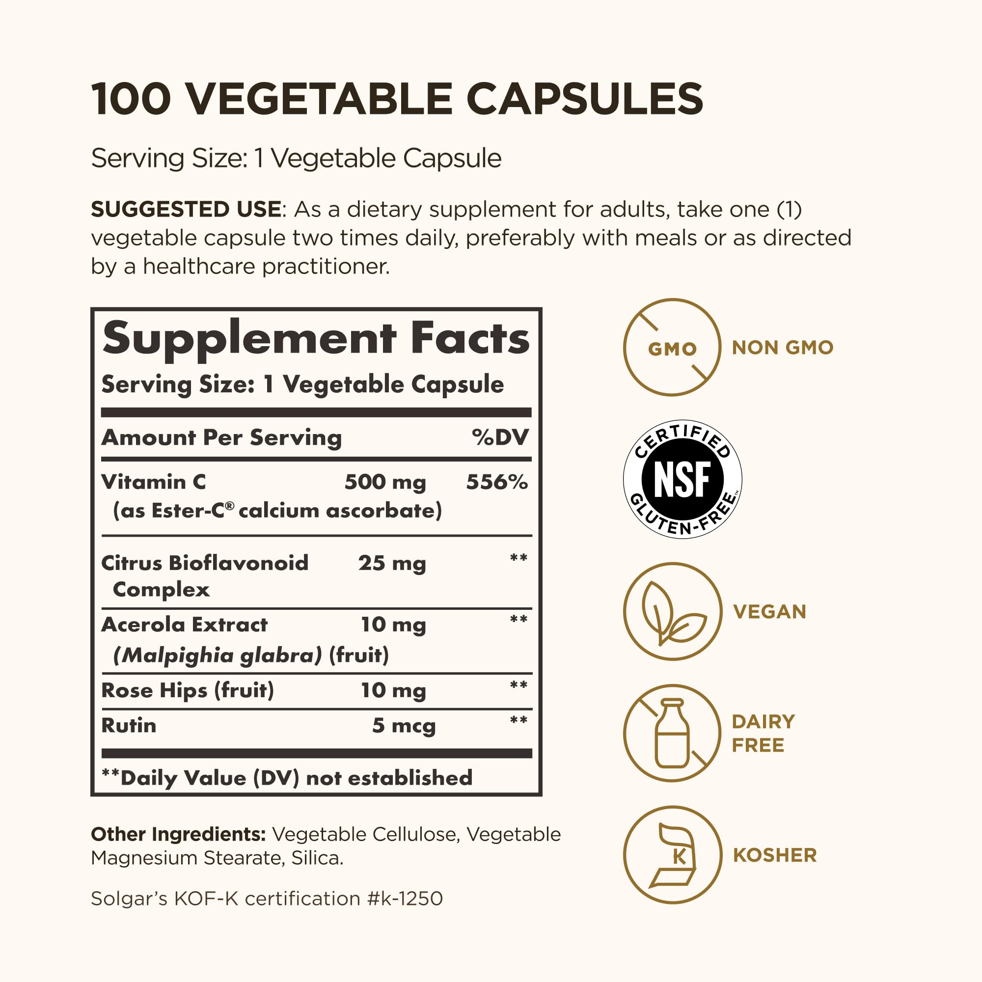 Solgar Ester-C Plus 500 mg Vitamin C (Ascorbate Complex), 100 Vegetable Capsules - Gentle & Non Acidic - Antioxidant & Immune Support - Non GMO, Vegan, Gluten-Free, Kosher - 100 Servings