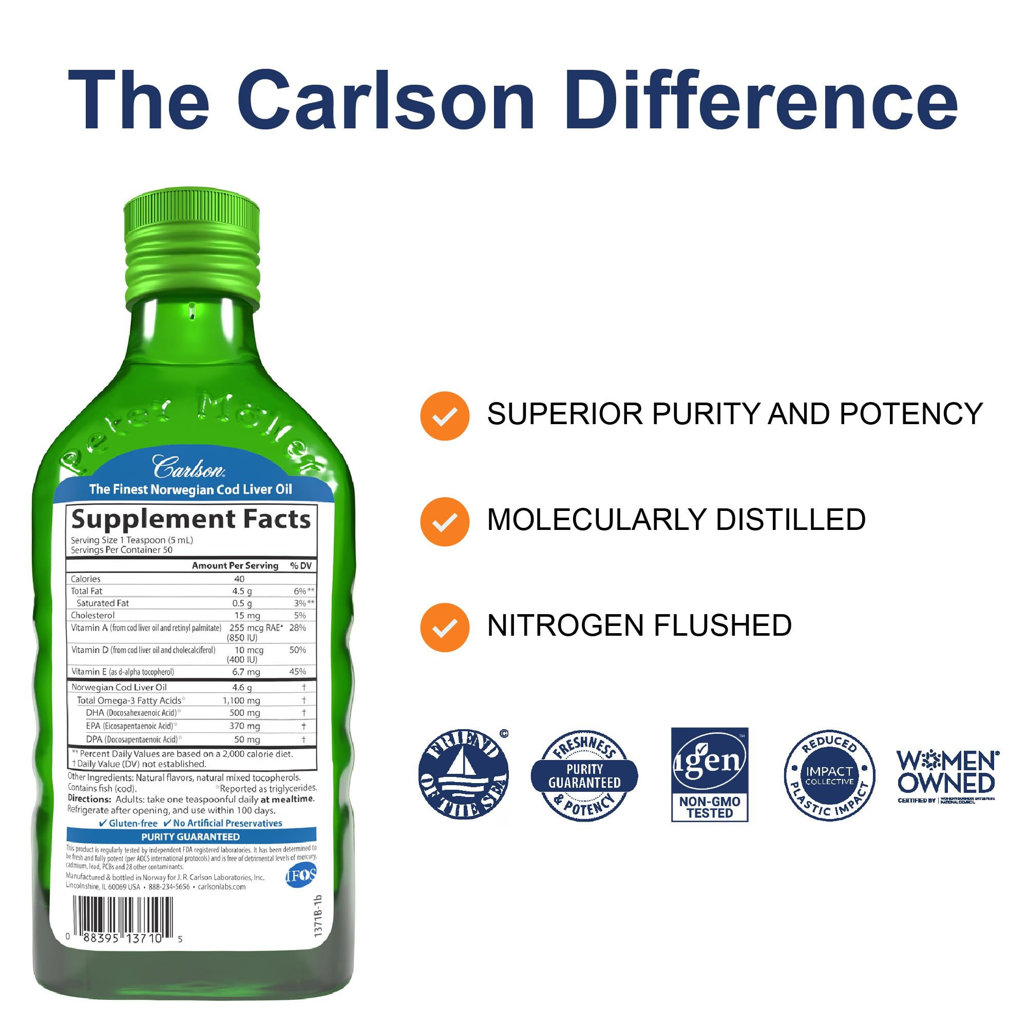 Carlson Cod Liver Oil, 1100 mg, Omega-3s, Green Apple, 250 mL (8.4 Fl Oz)