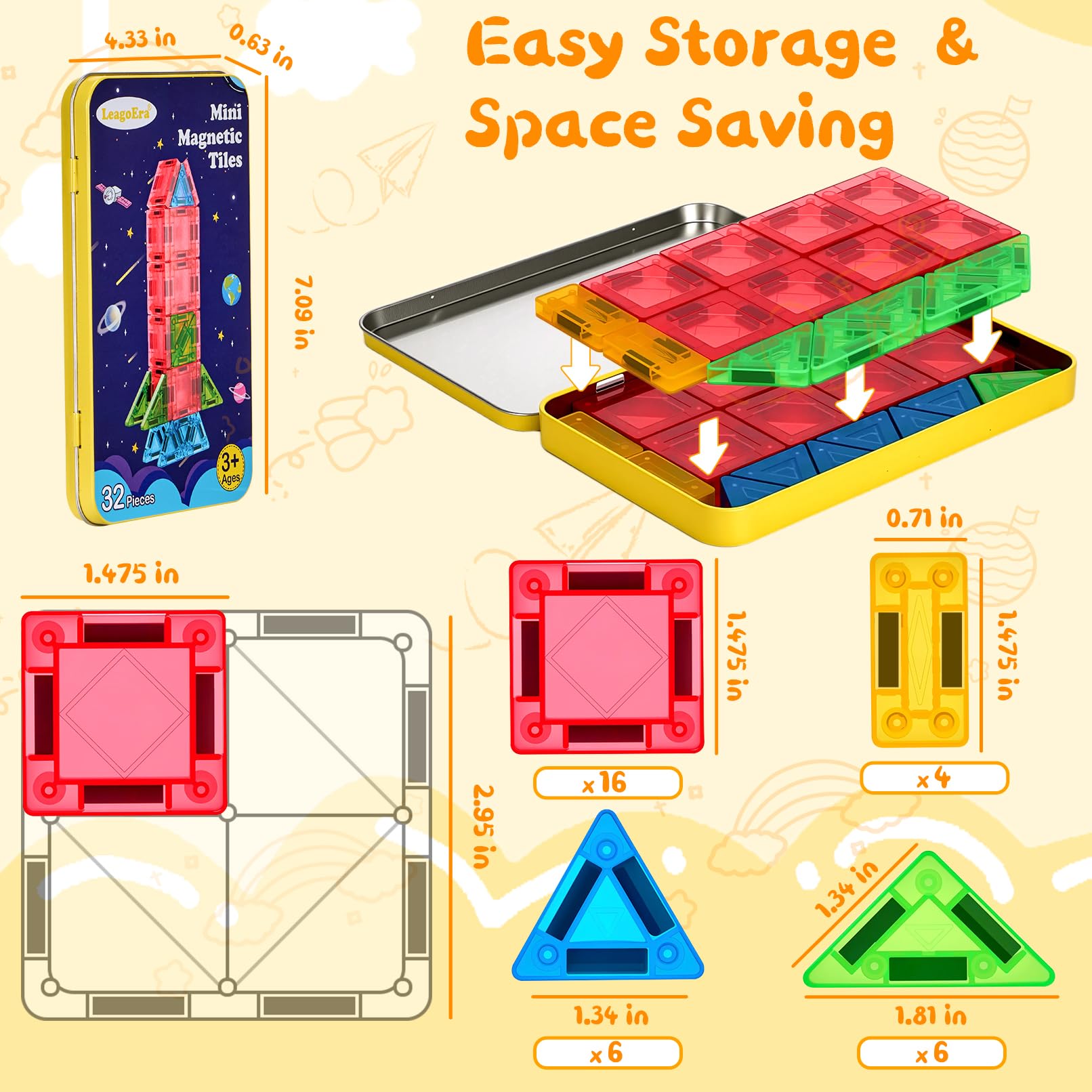 Magnetic Tiles Magnetic Blocks Building Toy: Portable Mini Magnetic Tiles Travel Set 32 Pieces Montessori Toys Birthday Gift for Kids Girls and Boys Ages 3-12 Years Old Preschool Classroom Must Haves