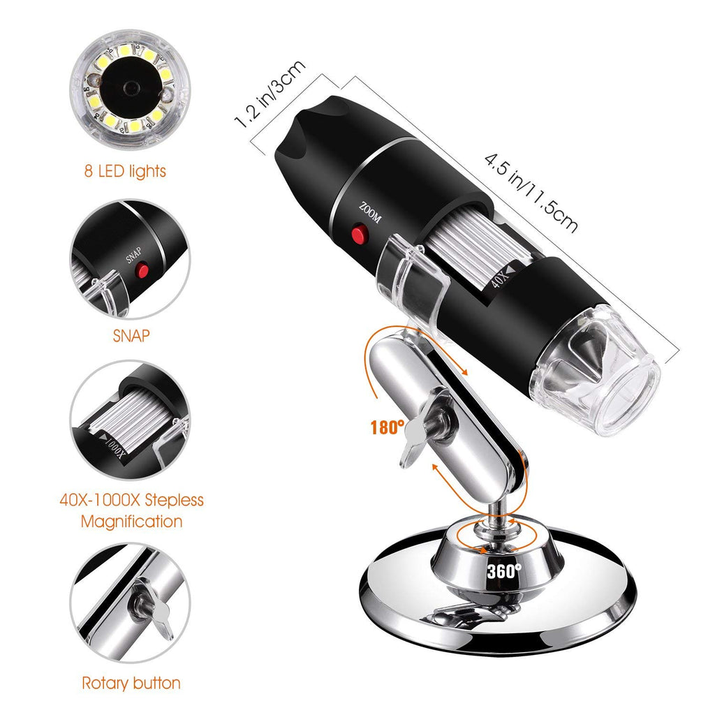 USB Digital Microscope 40X to 1000X, 8 LED Magnification Endoscope Camera with Carrying Case & Metal Stand, Compatible for Android Windows 7 8 10 11 Linux Mac (Not for iPhone/iPad)