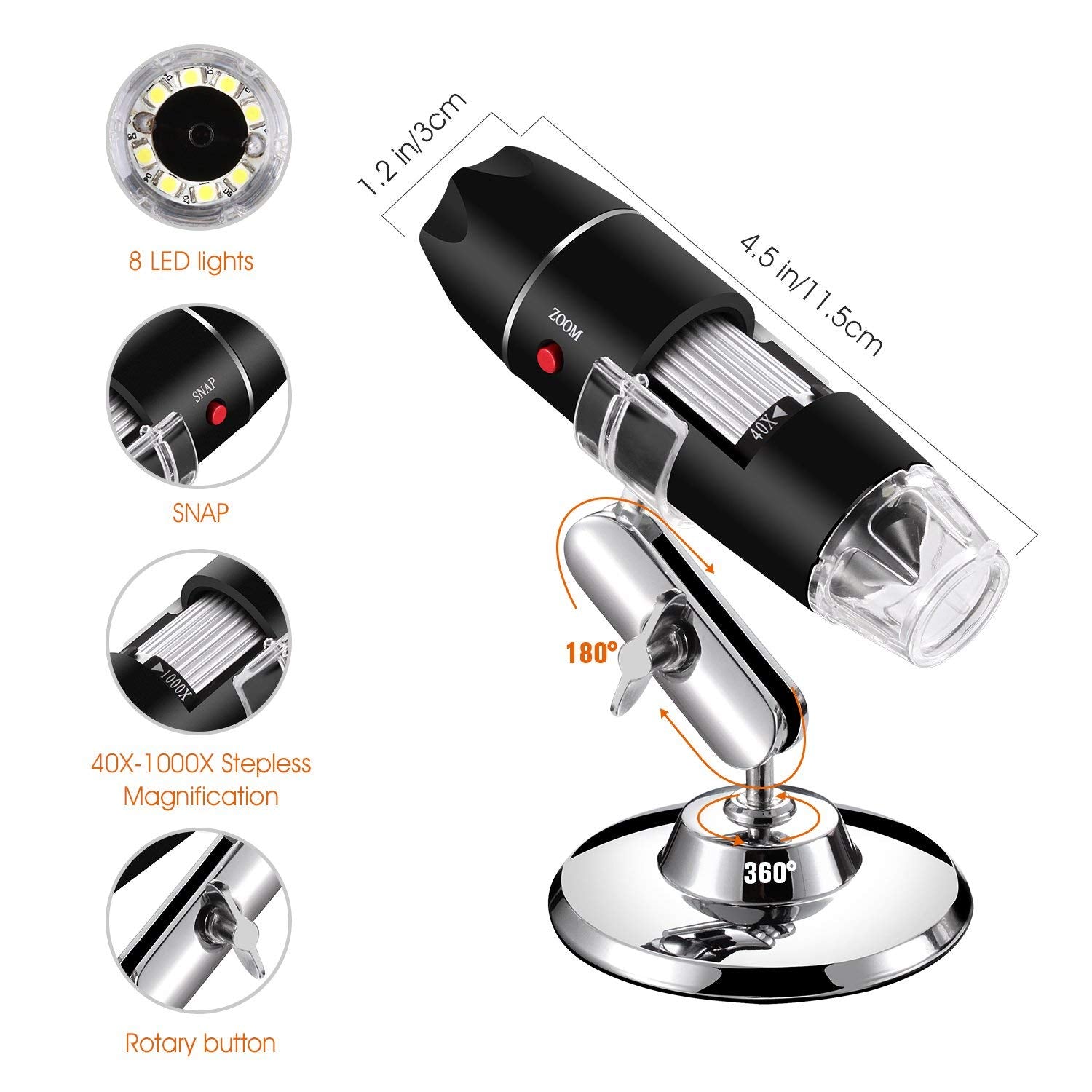 USB Digital Microscope 40X to 1000X, 8 LED Magnification Endoscope Camera with Carrying Case & Metal Stand, Compatible for Android Windows 7 8 10 11 Linux Mac (Not for iPhone/iPad)