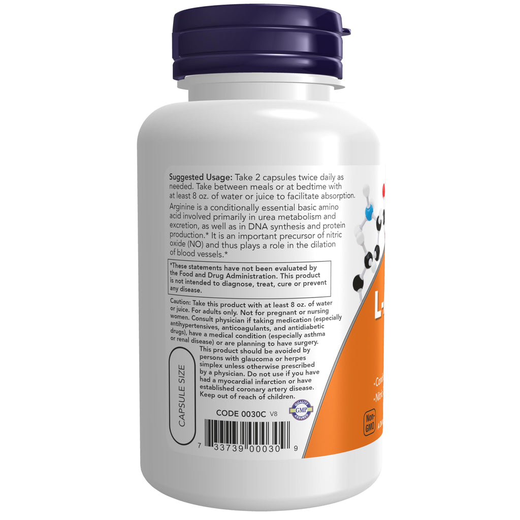 NOW Foods Supplements, L-Arginine 500 mg, Nitric Oxide Precursor*, Amino Acid, 100 Veg Capsules