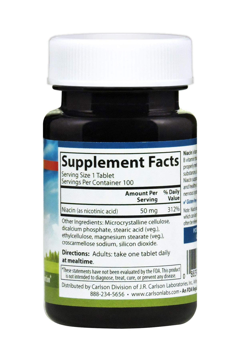 Carlson Niacin, 50 mg, Cholesterol Metabolism, Nerve Function, 100 Tablets