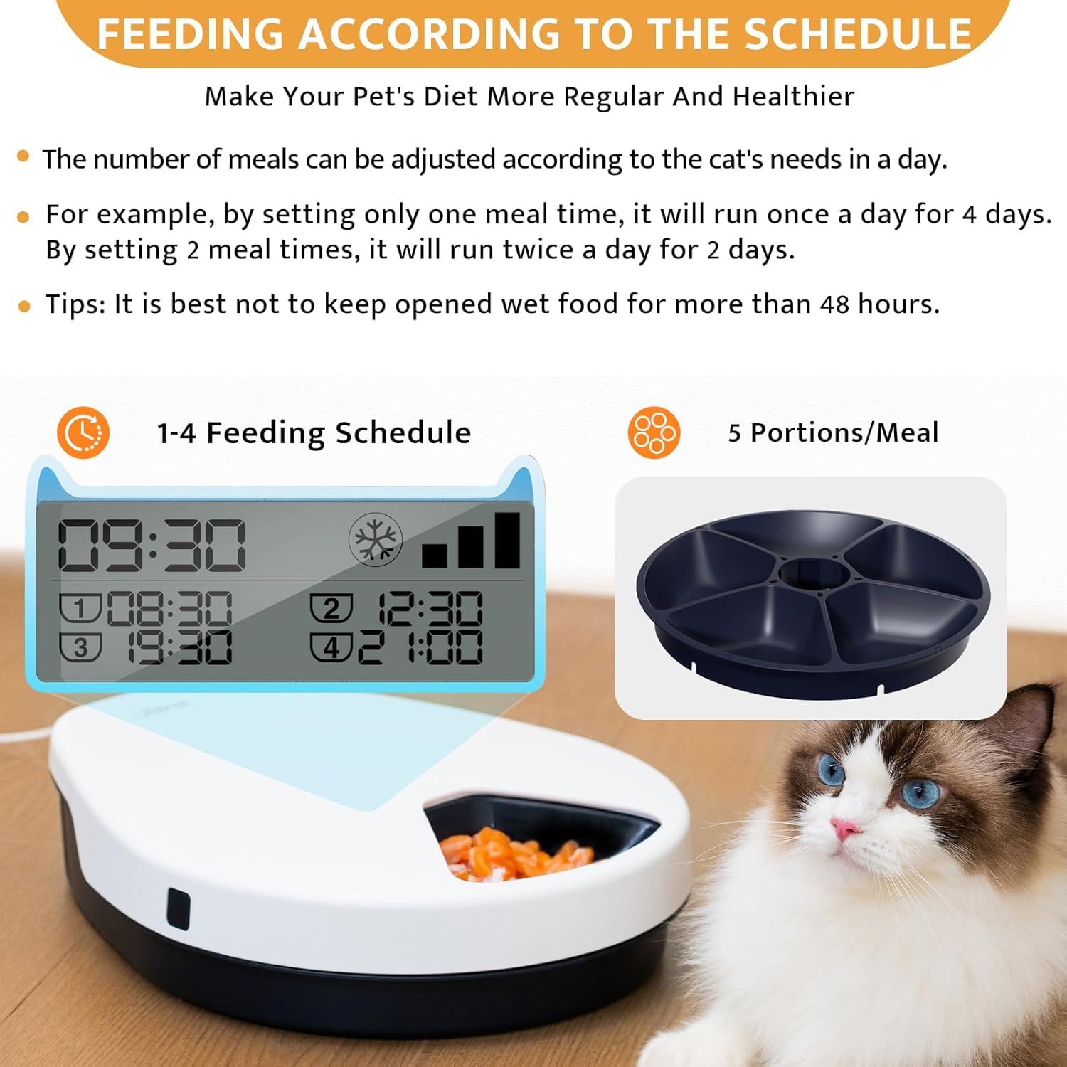Cat Wet Food Automatic Feeder with Cooling, Semiconductor Refrigeration, with Timer, 5 Food Compartments for 330g Pet Food Each, Premium Meal Plates, Washable, for Cats (UBPET)