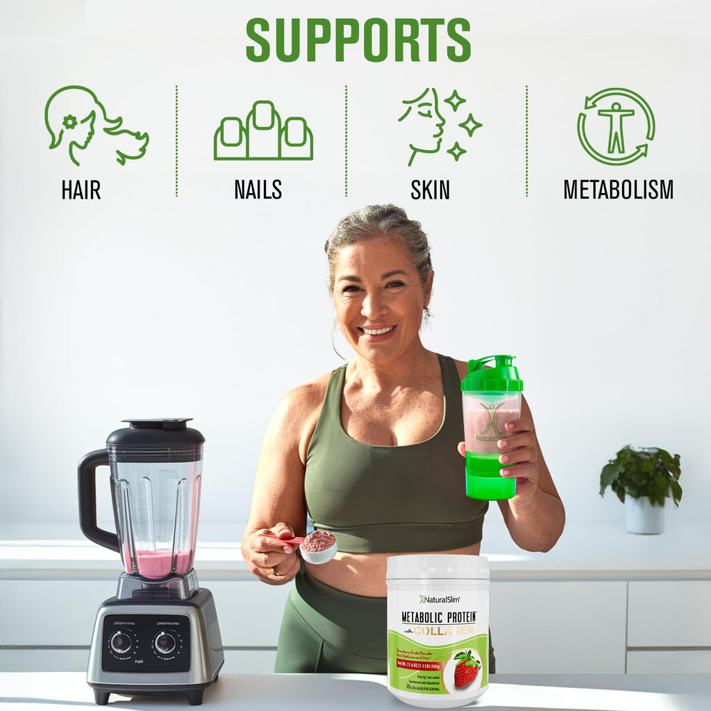 NaturalSlim Metabolic Protein Powder with Collagen | Whey Protein & L-Glutamine | Supports Metabolism, Digestion, Skin & Muscle | Low Carb | 17.06 oz Strawberry