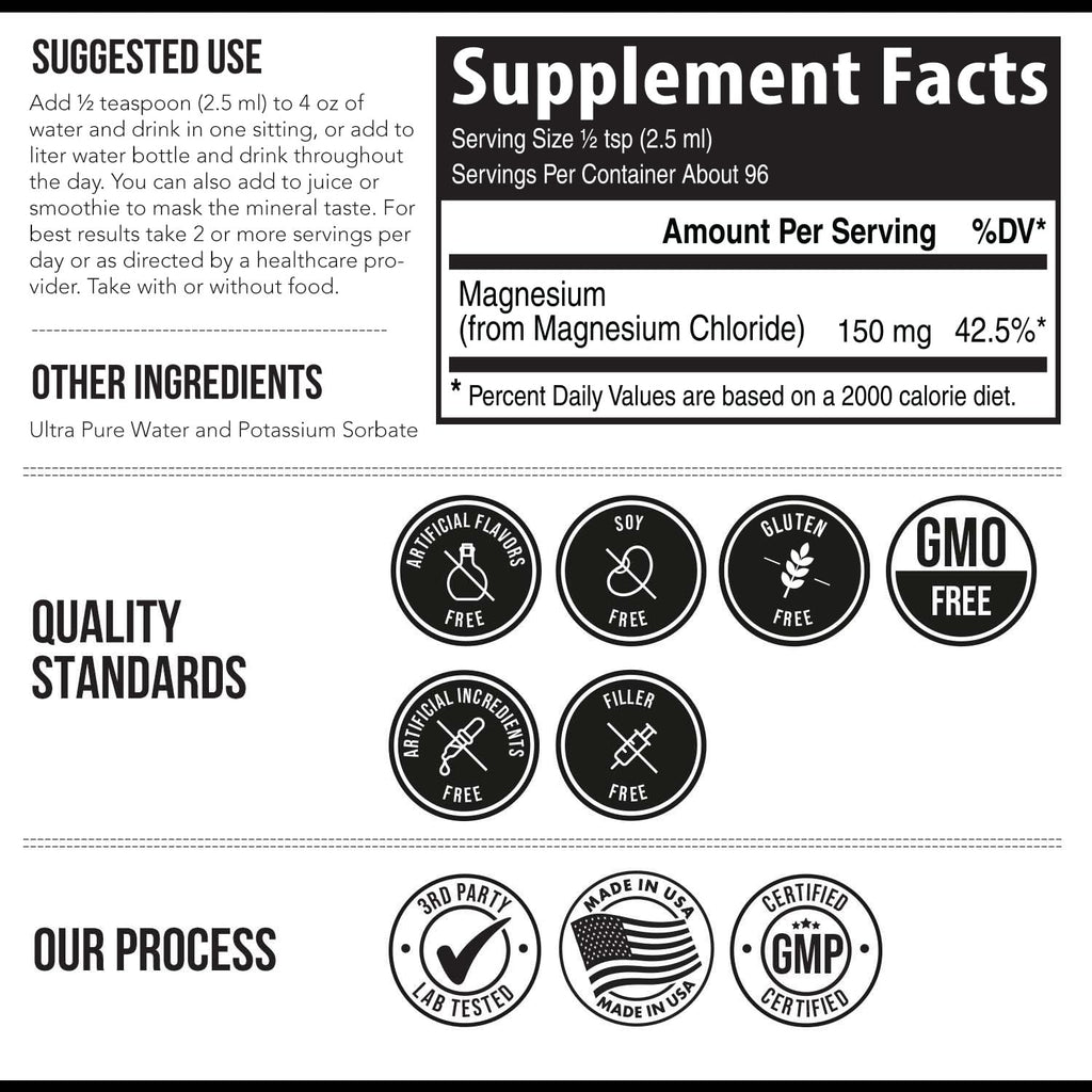 Liquid Magnesium | 8 oz - Ionic Magnesium Chloride, Highest & Fastest Absorption - Calm Mood, Sleep, Muscle Cramps & Spasms, Natural Laxative – Vegan, Glass Bottle (96 Servings)