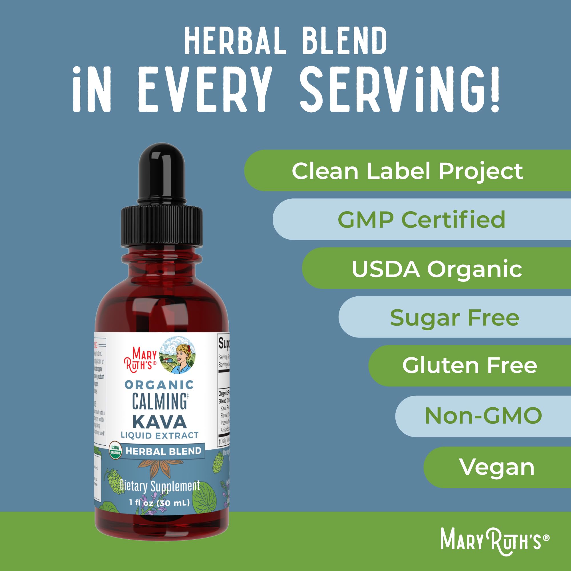 MaryRuth's Calming Kava Liquid Drops | Organic Kava Kava Root + 7 Herbs | Supplement for Sleep, Calm, & Stress Relief | Vegan | USDA Organic | CLP Certified | Non-GMO | Gluten Free | Sugar Free | 1 oz