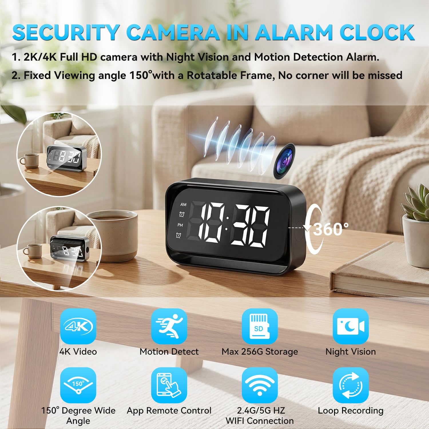 4K Full HD WiFi Security Mini Camera in Alarm Clock, Support 2.4G and 5G