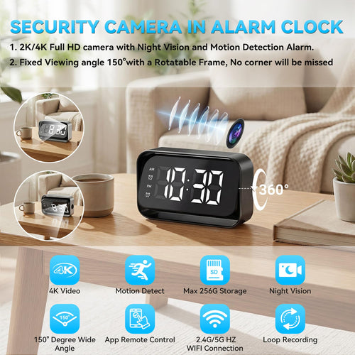 4K Full HD WiFi Security Mini Camera in Alarm Clock, Support 2.4G and 5G