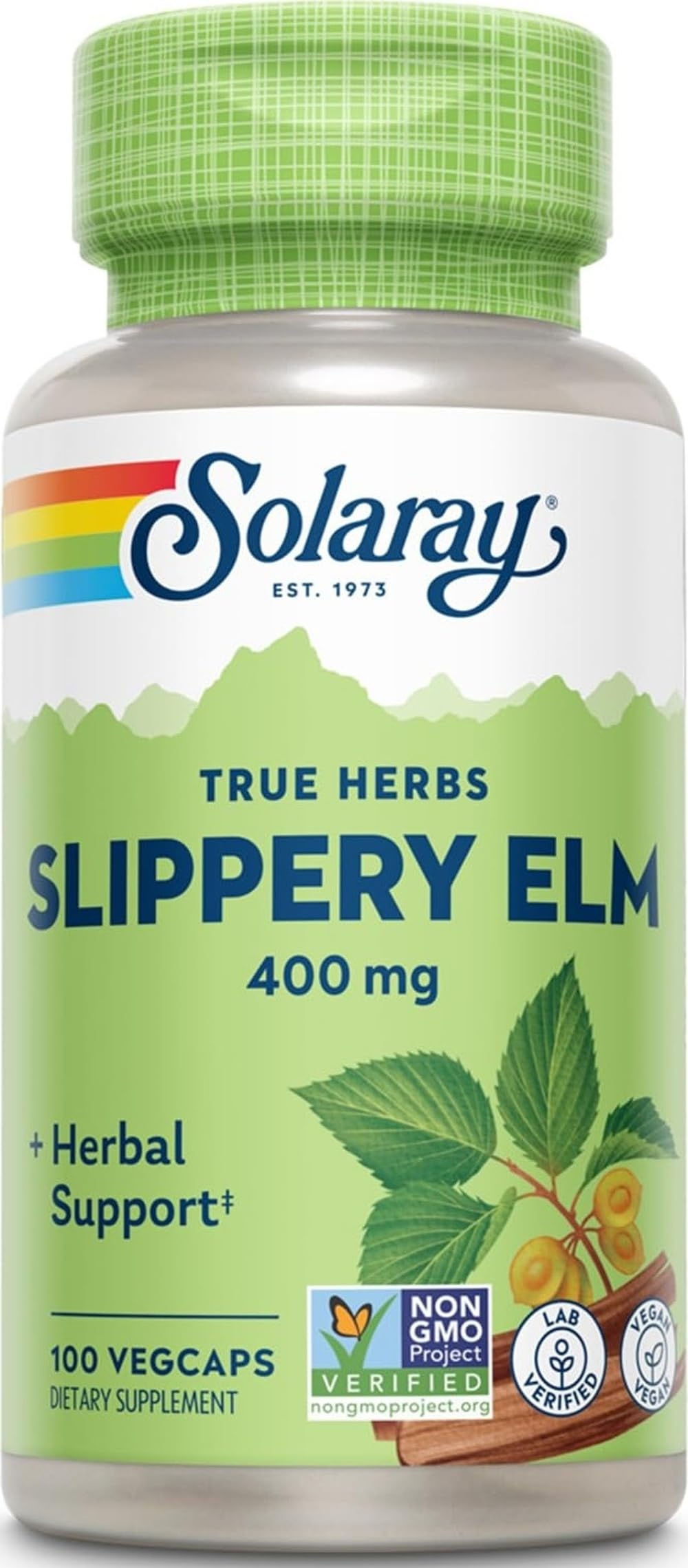 SOLARAY Slippery Elm Bark Capsules (Ulmus Rubra) 400 mg - Soothing Herbal Support with Mucilage - Vegan, Lab Verified - 100 Servings, 100 VegCaps
