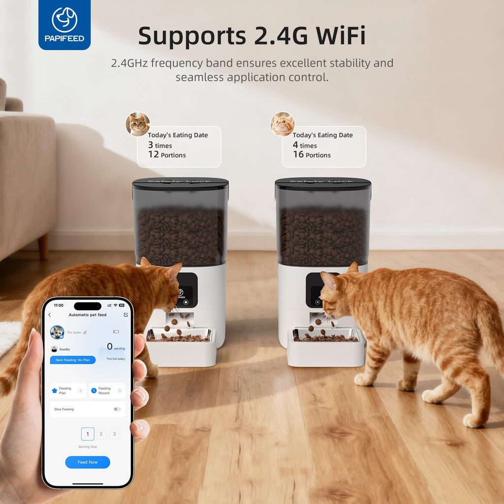 PAPIFEED Automatic Cat Feeder with App, 2.4G WiFi Cat Food Dispenser, 6L Timed Cat Feeder for Dry Food, 10 Meals/Day, 12 Portions/Meal, Dual Power Supply Smart Pet Feeder for Dog, White