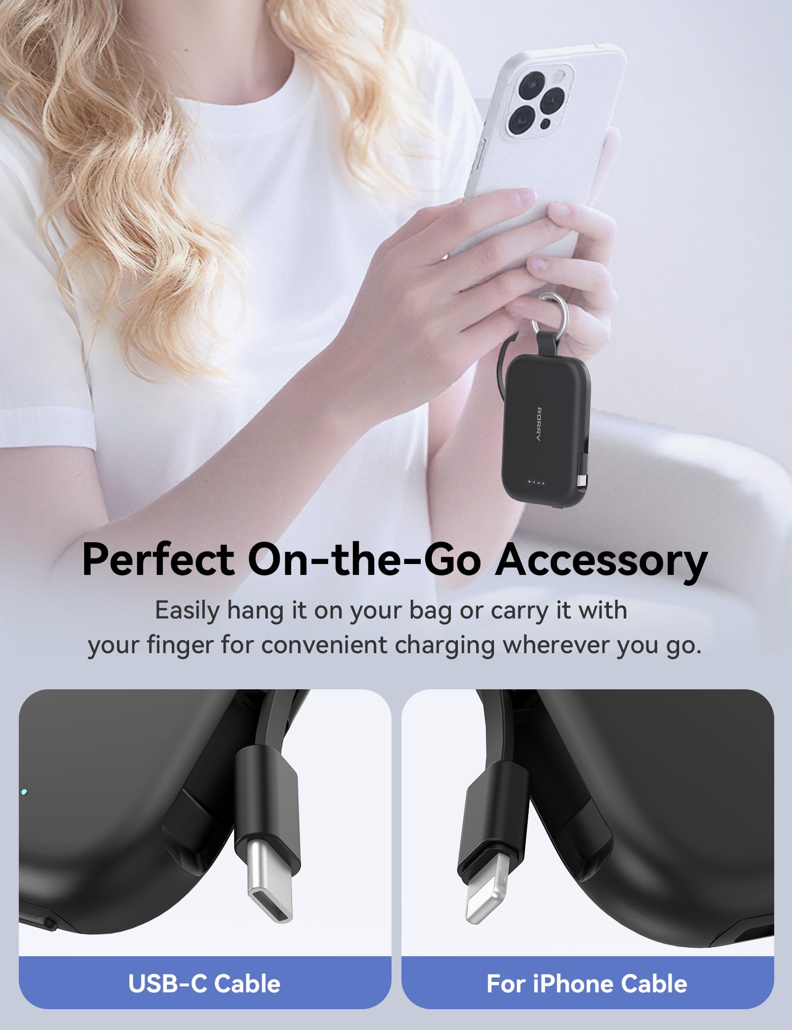 RORRY CharmGo Portable Charger, 5000mAh Power Bank with Built-in Cables
