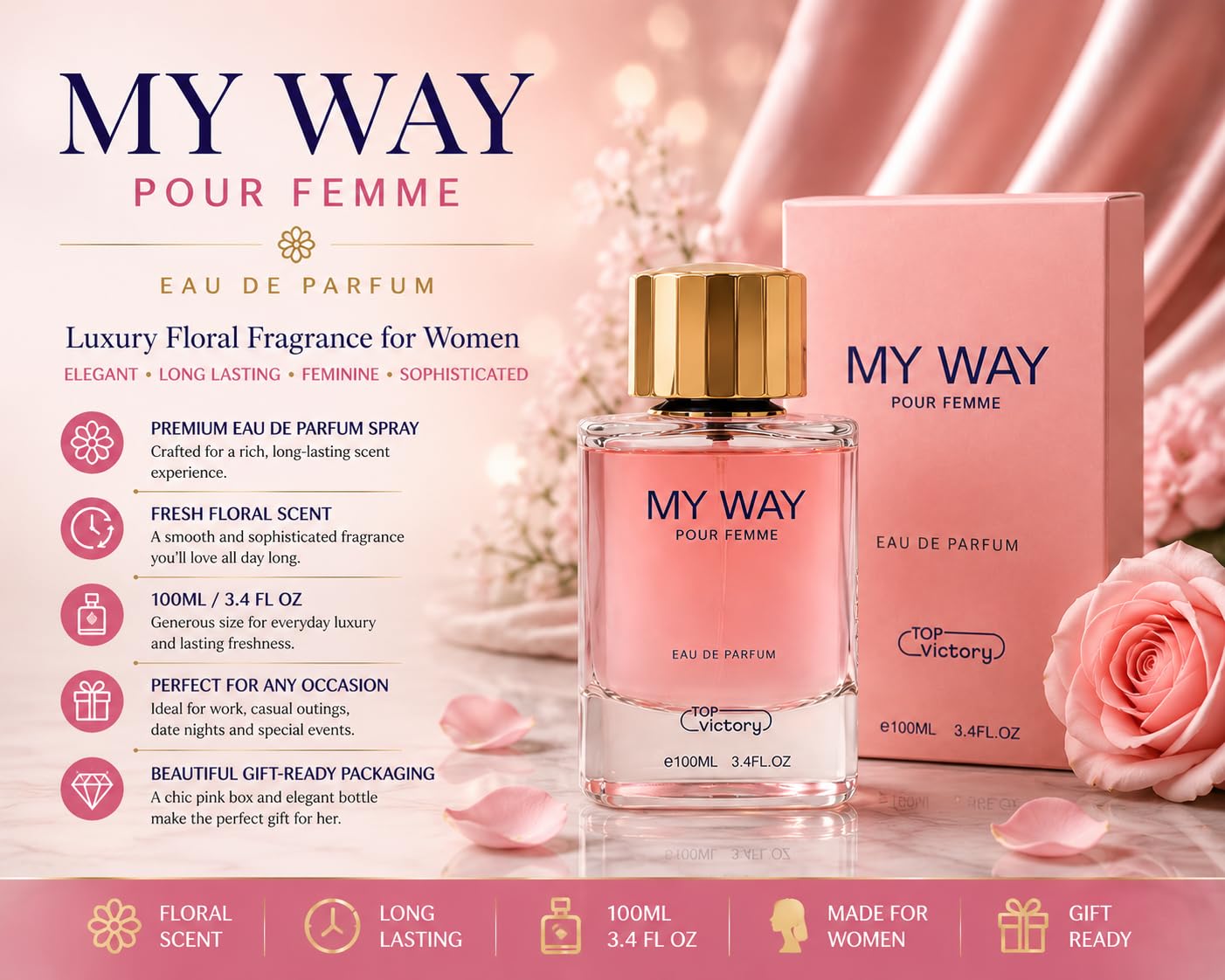 TOP victory My Way Pour Femme Eau de Parfum, Floral Scent, Long Lasting Luxury Fragrance for Women, 3.4 Fl Oz