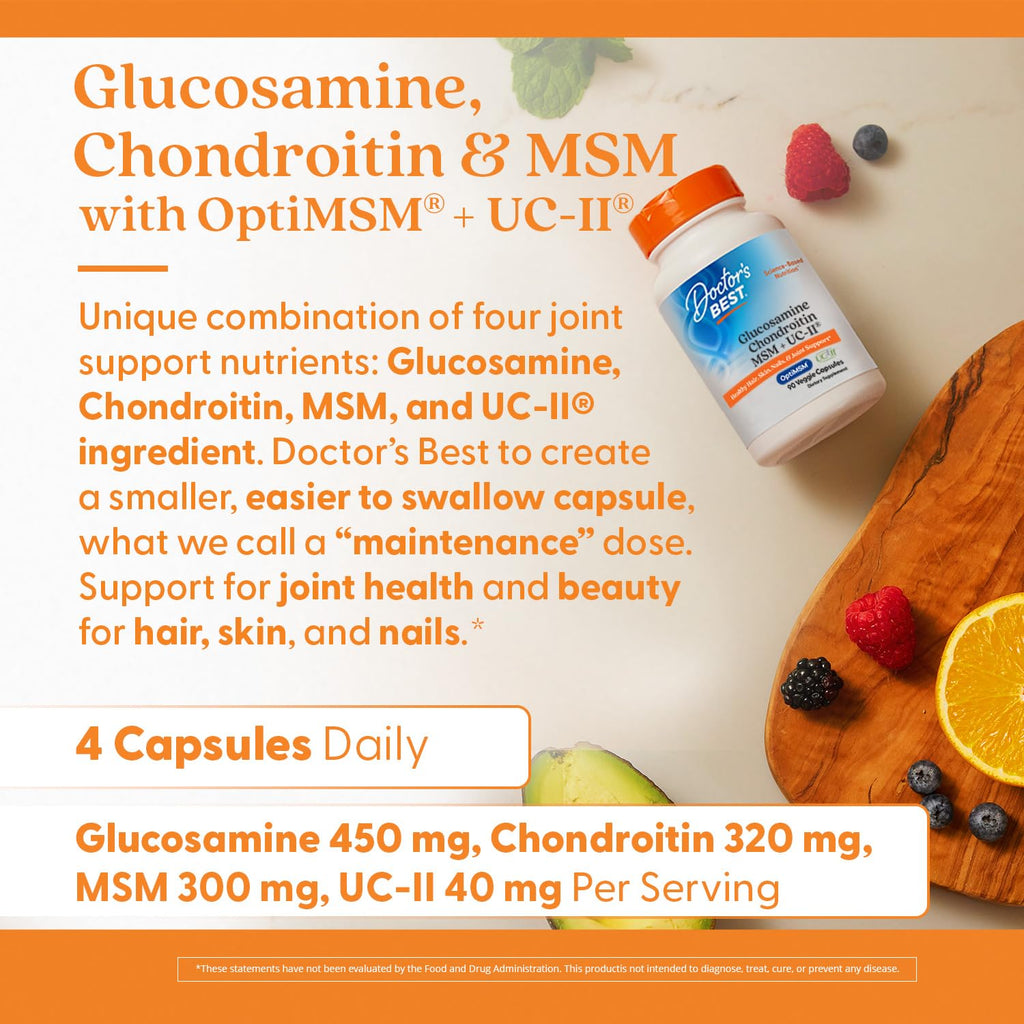 Doctor's Best Glucosamine Chondroitin MSM + UC-II - Joint Health Support Supplement for Women & Men, Nutritional Support for Joint Strength, Hair, Skin, & Nails, Gluten Free, Non GMO - 90 Veg Capsules