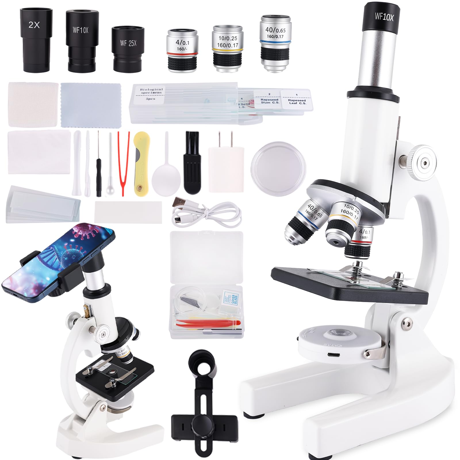 Microscope for Adults & Kids, 40X-2500X High-Power Compound Microscope for Students, School Lab & Home Schooling,Equiped with Slides Set & Phone Holder (Light White)