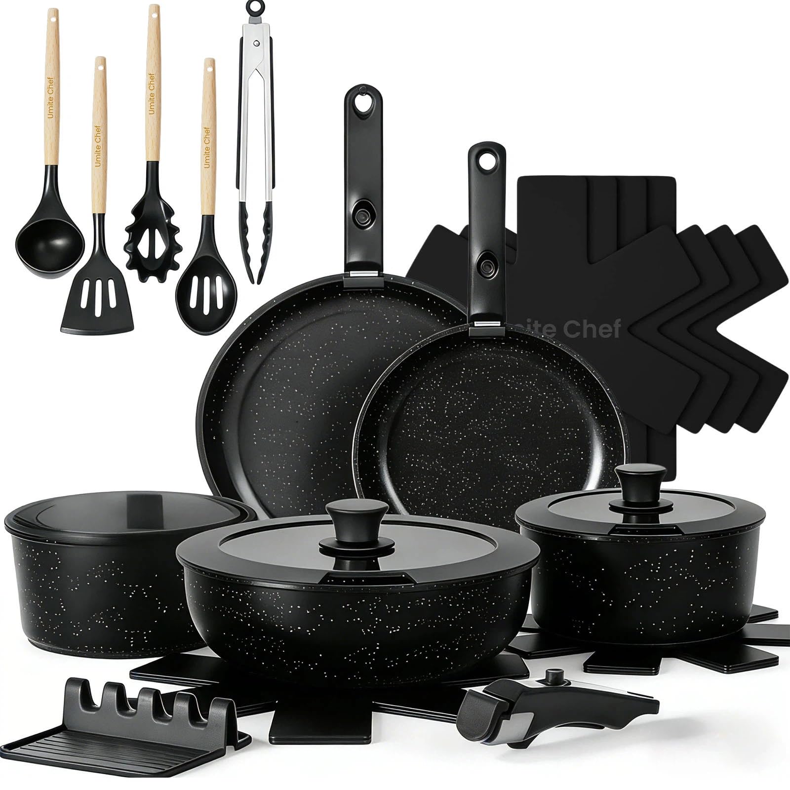 Umite Chef 21Pcs Pots and Pans Set Non Stick, Nonstick Ceramic Cookware Sets Detachable Handle, Non Toxic Healthy Induction Cookware, Kitchen Cooking Set, with Frying Pans Set, Dishwasher/Oven Safe