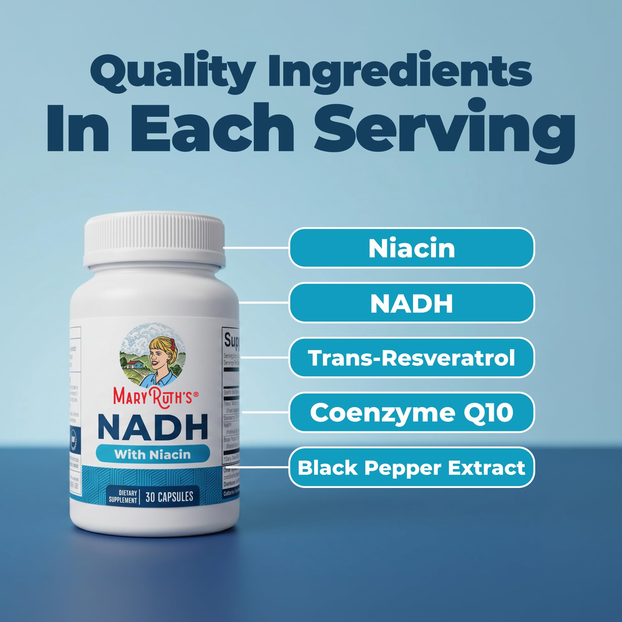 MARYRUTH'S NADH Capsules, Niacin, NAD+ Precursor, 30 Servings, CoQ10, Vegan