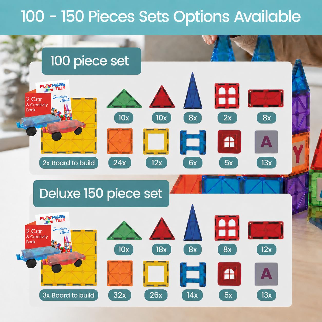 Playmags Magnetic Tiles for Kids 100-Piece Set, STEM Educational Building Blocks Toys for Kids, Includes Click-in ABC Learning Tiles, Gift for Boys & Girls, Add on Magnetic Figures, Car Set Available