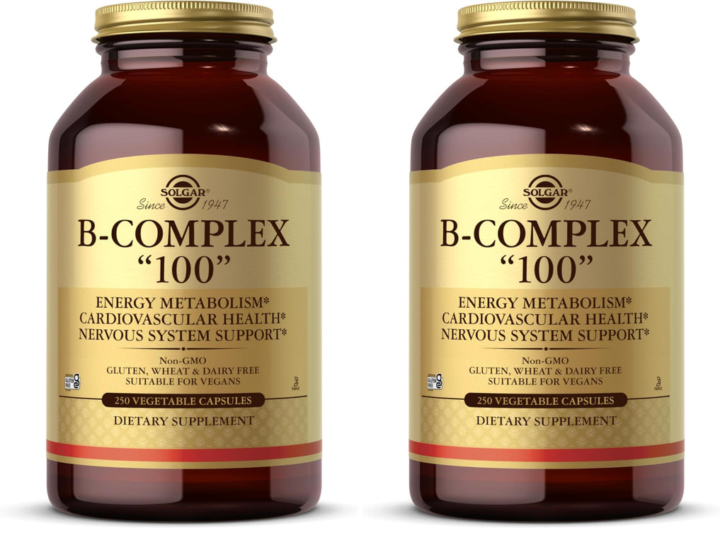 Solgar B-Complex 100",250 Vegetable Capsules - Nervous System Support - Supports Energy Metabolism - Non-GMO,Vegan,Gluten Free,Dairy Free,Kosher - 250 Servings,(Pack of 2)
