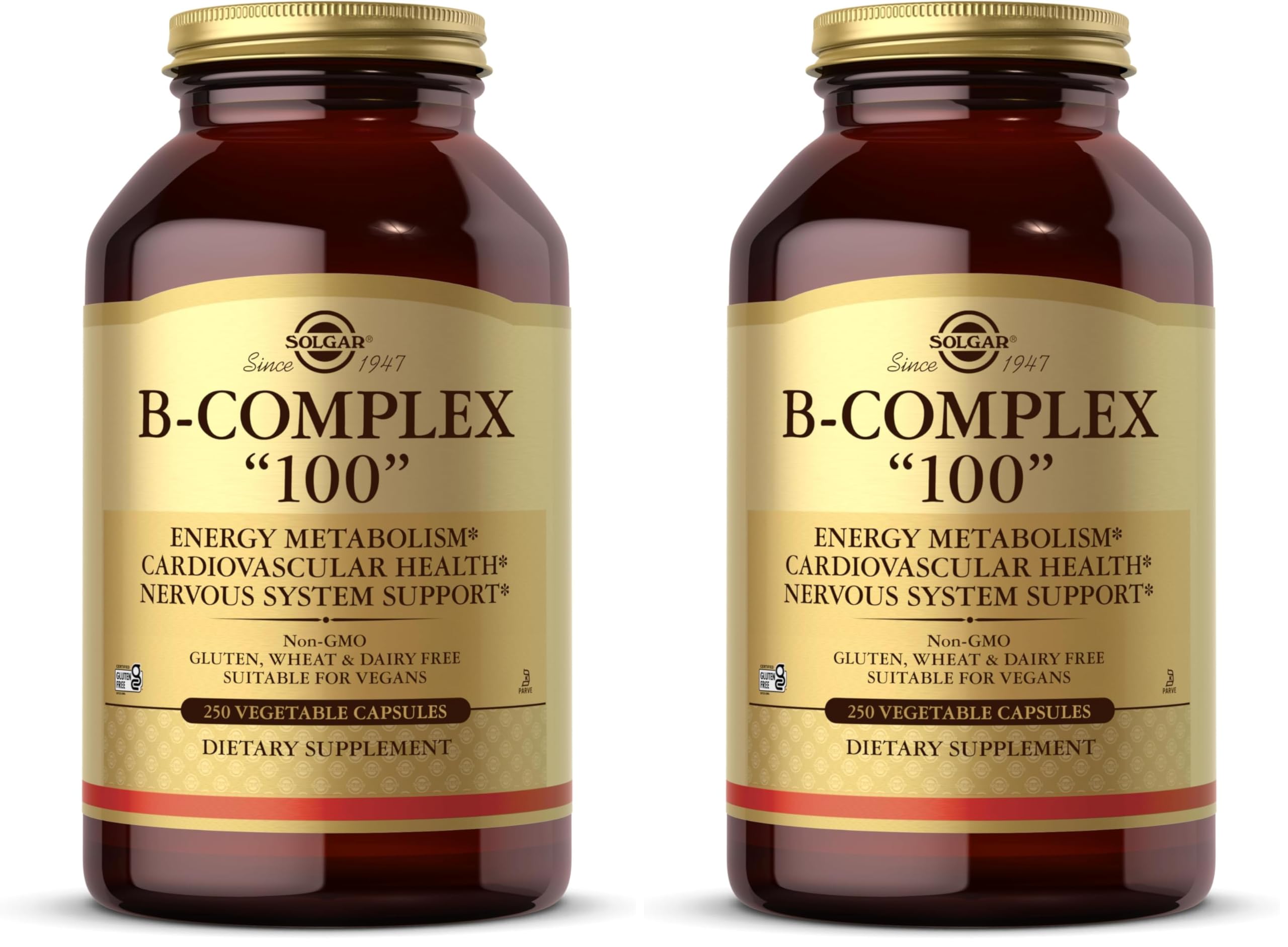 Solgar B-Complex 100",250 Vegetable Capsules - Nervous System Support - Supports Energy Metabolism - Non-GMO,Vegan,Gluten Free,Dairy Free,Kosher - 250 Servings,(Pack of 2)