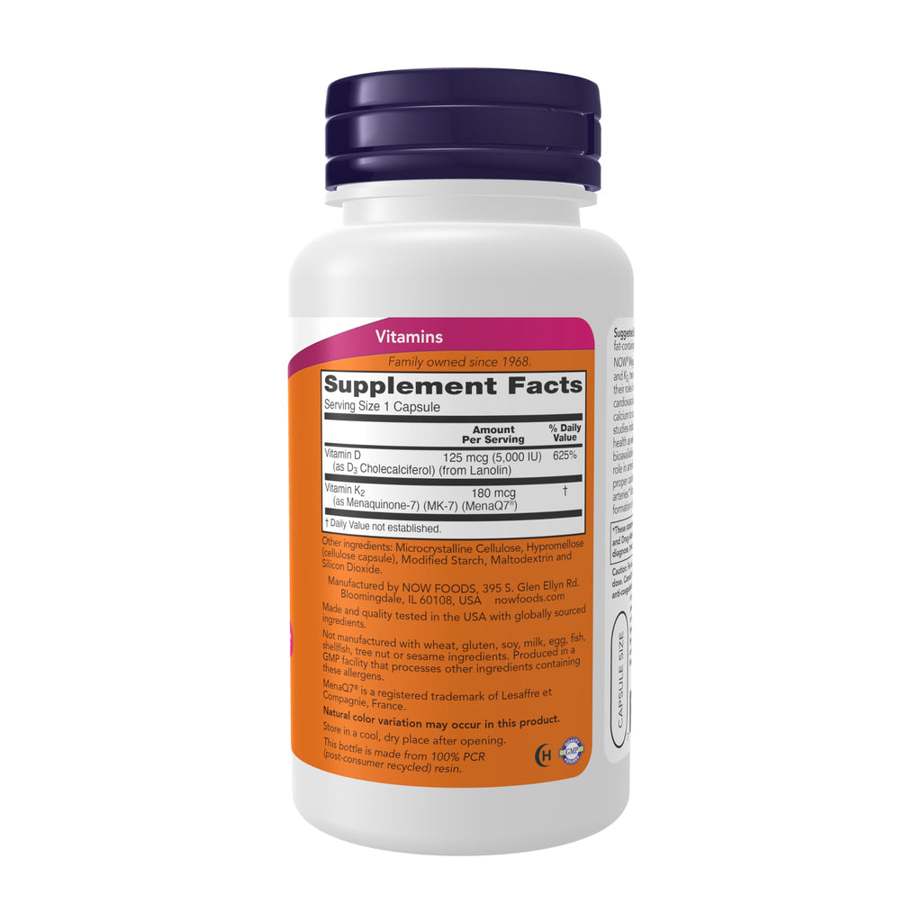 NOW Supplements, Mega D-3 & MK-7, 5000 IU / 180 mcg, Bone & Cardiovascular Support*, Vitamins K-3 & K-2, 120 Capsules