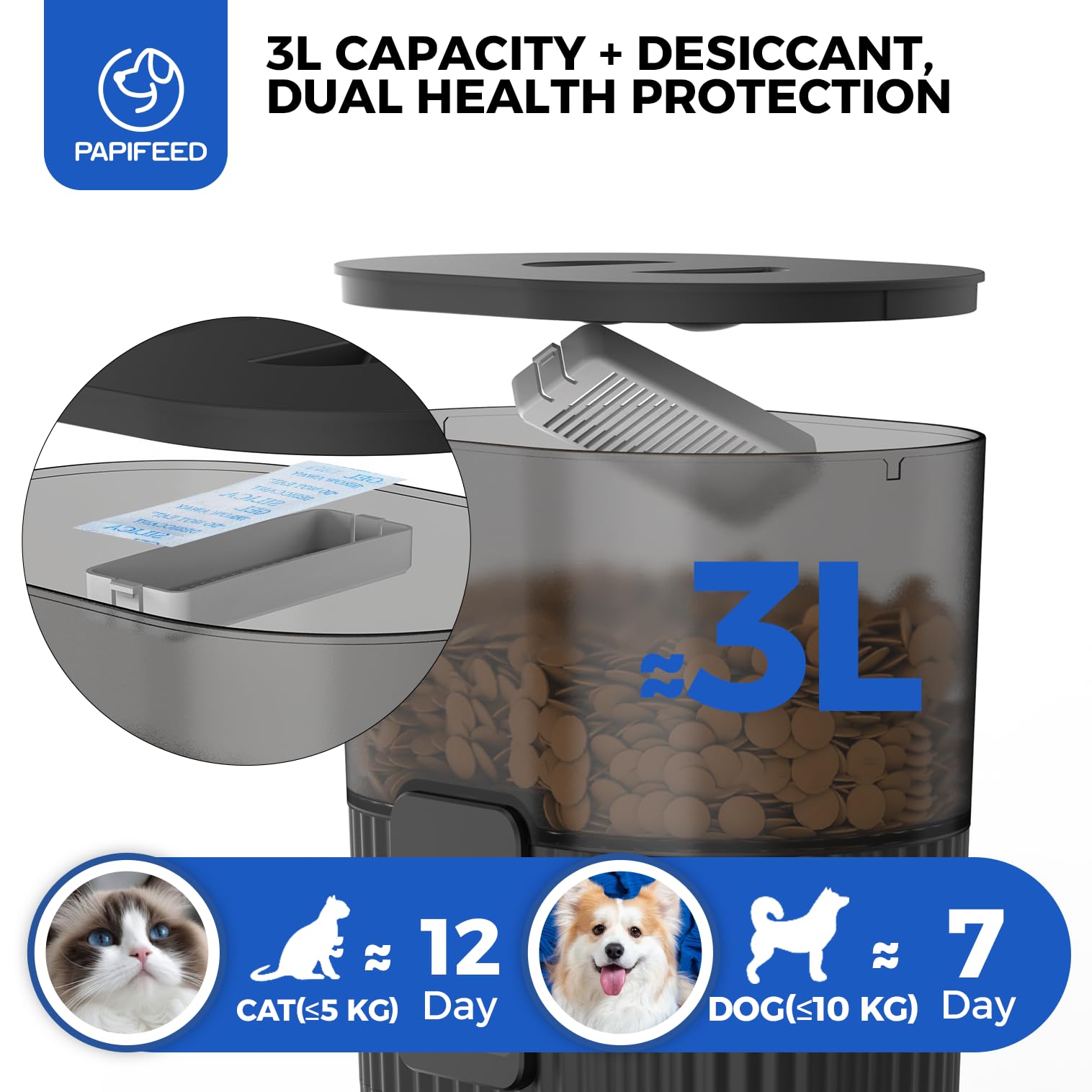 PAPIFEED Automatic Cat Feeder with App, 2.4G WiFi Cat Food Dispenser, 3L Slow Feeder Timed Cat Feeders for Dry Food, 10 Meals/Day, 6 Portions/Meal, Dual Power Supply Smart Pet Feeder for Small Dog
