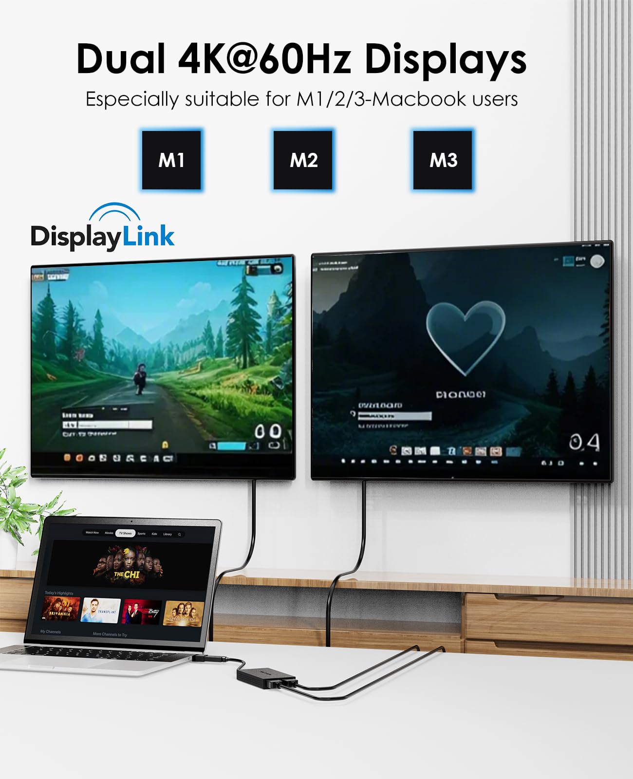WAVLINK USB 3.0 & USB C to Dual HDMI Adapter 4K@60Hz for Dual Monitor, DisplayLink USB C HDMI Adapter for Apple Mac M1-M5/Macbook Neo, Windows 10/11, ChromeOS (No Linux/iPad/iOS/HDCP), Driver Required