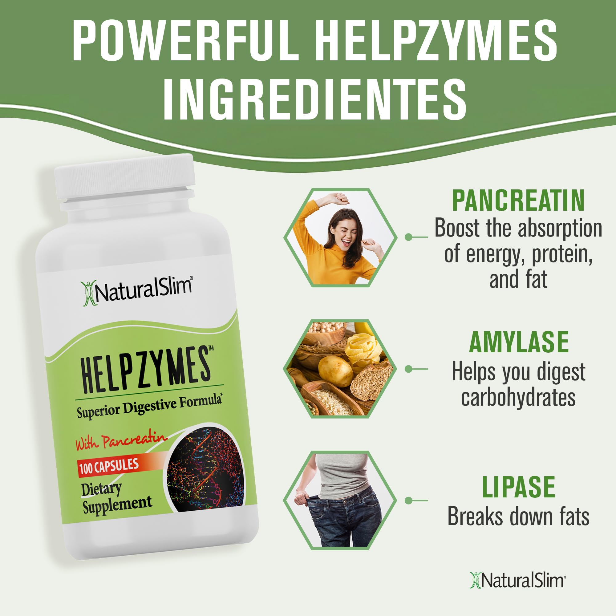NaturalSlim Helpzymes Digestive Enzymes for Women & Men, Essential Enzymes for Digestion, Gut Health & Gas Bloating Relief with Bromelain, Ox Bile, Pancreatin & Betaine HCL, 100 Capsules – 1 Pack