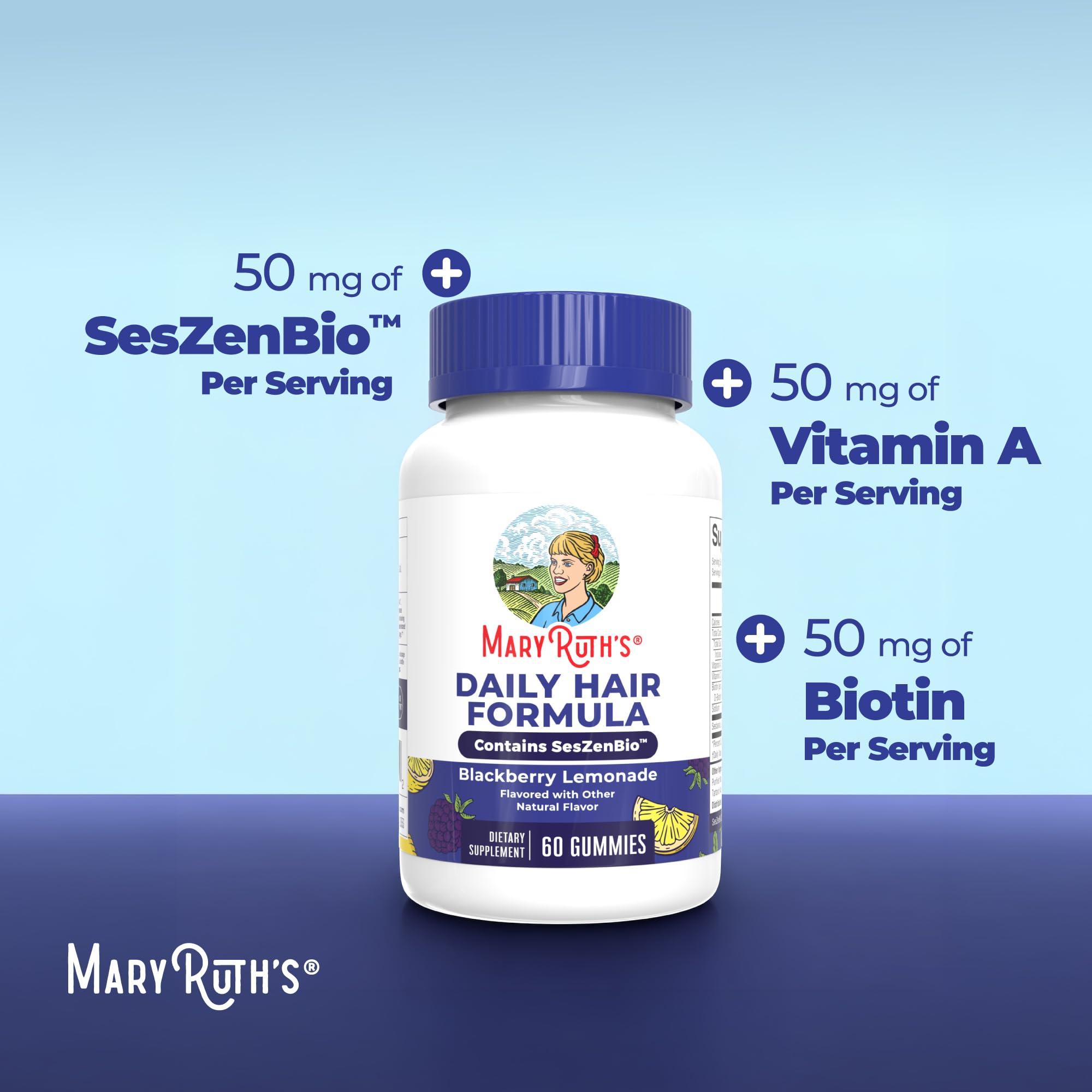 MaryRuth's Daily Hair Formula Gummies | with 500 mg SesZenBio + 2,500 mcg Biotin | Thicker, Denser Hair for Women | Vitamins A & C | Hair, Skin, & Nail Health | Collagen Production | 60 ct