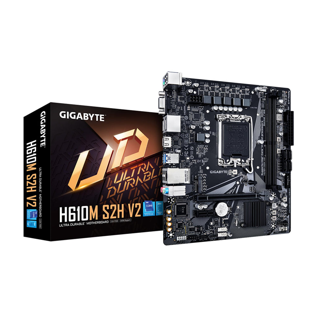 GIGABYTE H610M S2H V2 Motherboard, Supports 14th/13th/12th Gen Intel Core Processors (LGA 1700), mATX, DDR5, 1x M.2, PCIe 4.0, USB-C, HDMI, 2X DisplayPort, D-Sub, 1GbE LAN