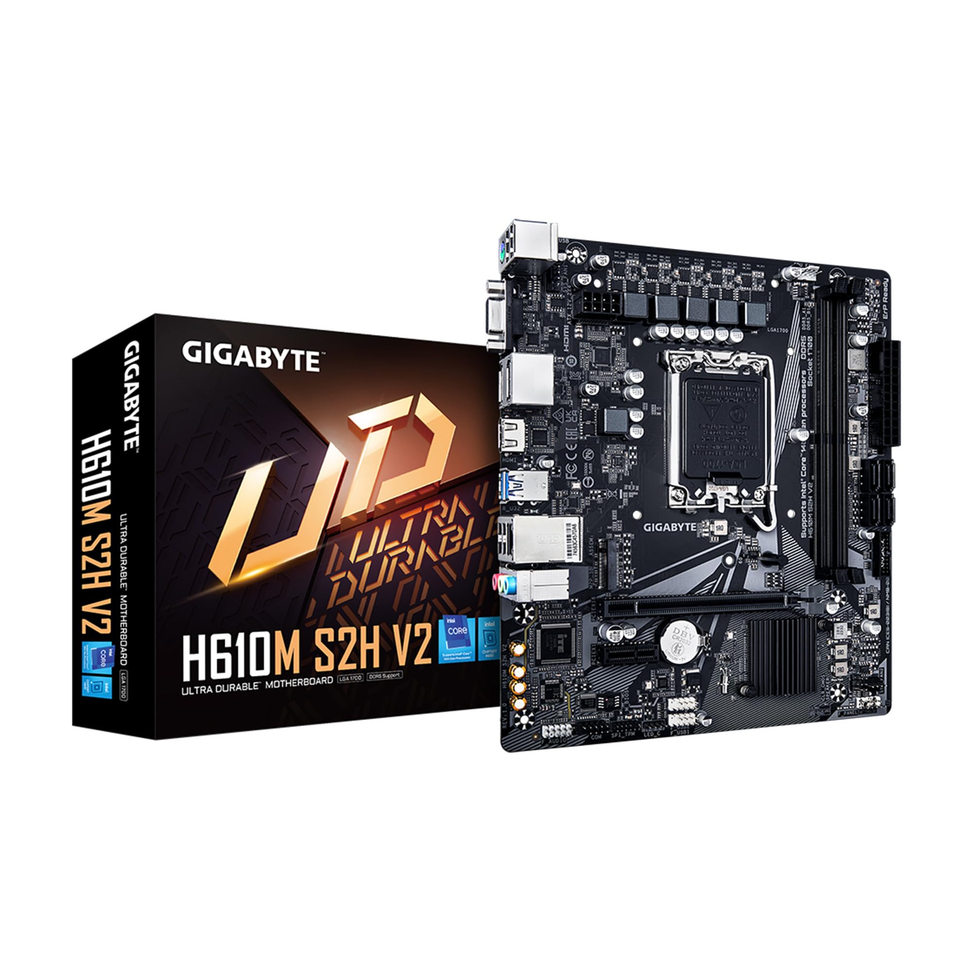 GIGABYTE H610M S2H V2 Motherboard, Supports 14th/13th/12th Gen Intel Core Processors (LGA 1700), mATX, DDR5, 1x M.2, PCIe 4.0, USB-C, HDMI, 2X DisplayPort, D-Sub, 1GbE LAN