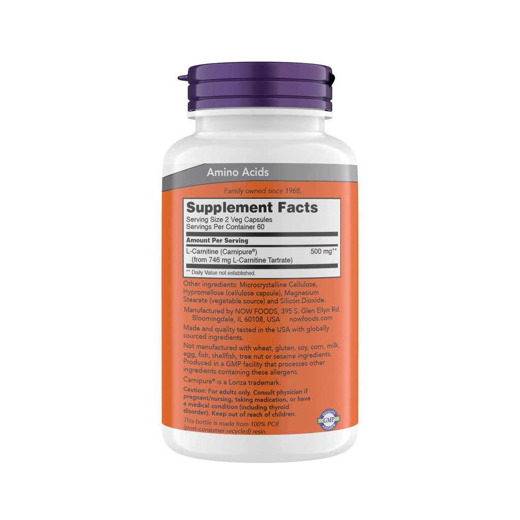 Now Supplements L-Carnitine 250 mg, Purest Form, Amino Acid, Fitness Support, Metabolic Support, 120 Vegetarian Capsules, Gluten Free, Vegan, Kosher, Non-GMO