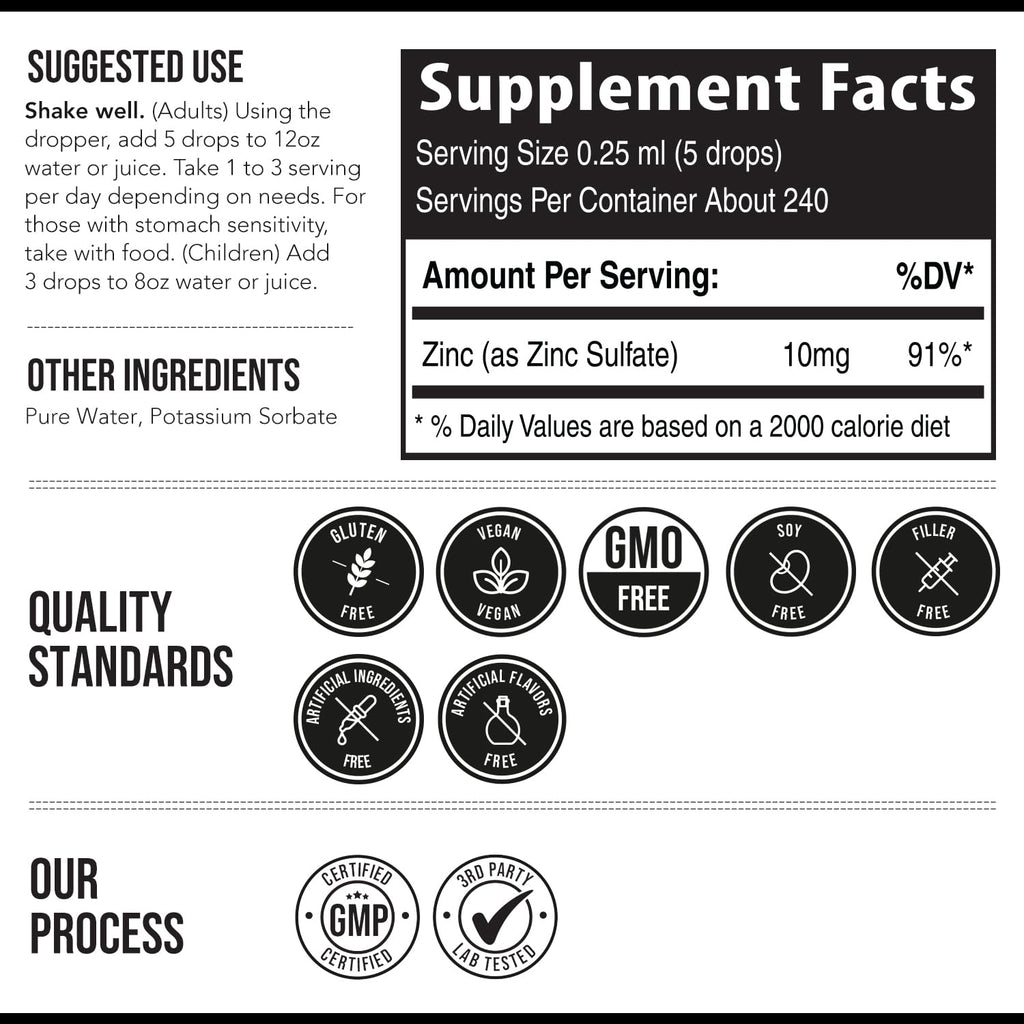 Ionic Liquid Zinc – 8 Month Supply, Adjustable Dosing for Adults – High Absorption, Vegan, Glass Bottle – Supports Immune System, Brain & Thyroid Health – Essential Mineral Supplement (2 oz)
