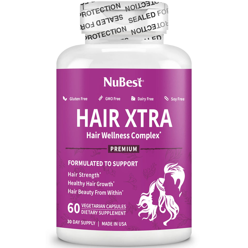 NuBest Hair Xtra Hair Growth Vitamins for Women & Men, Biotin 3000 mcg Hair Supplement with MSM, Zinc, B Vitamins, Horsetail & Hyaluronic Acid, Hair Skin and Nails Support, 60 Capsules