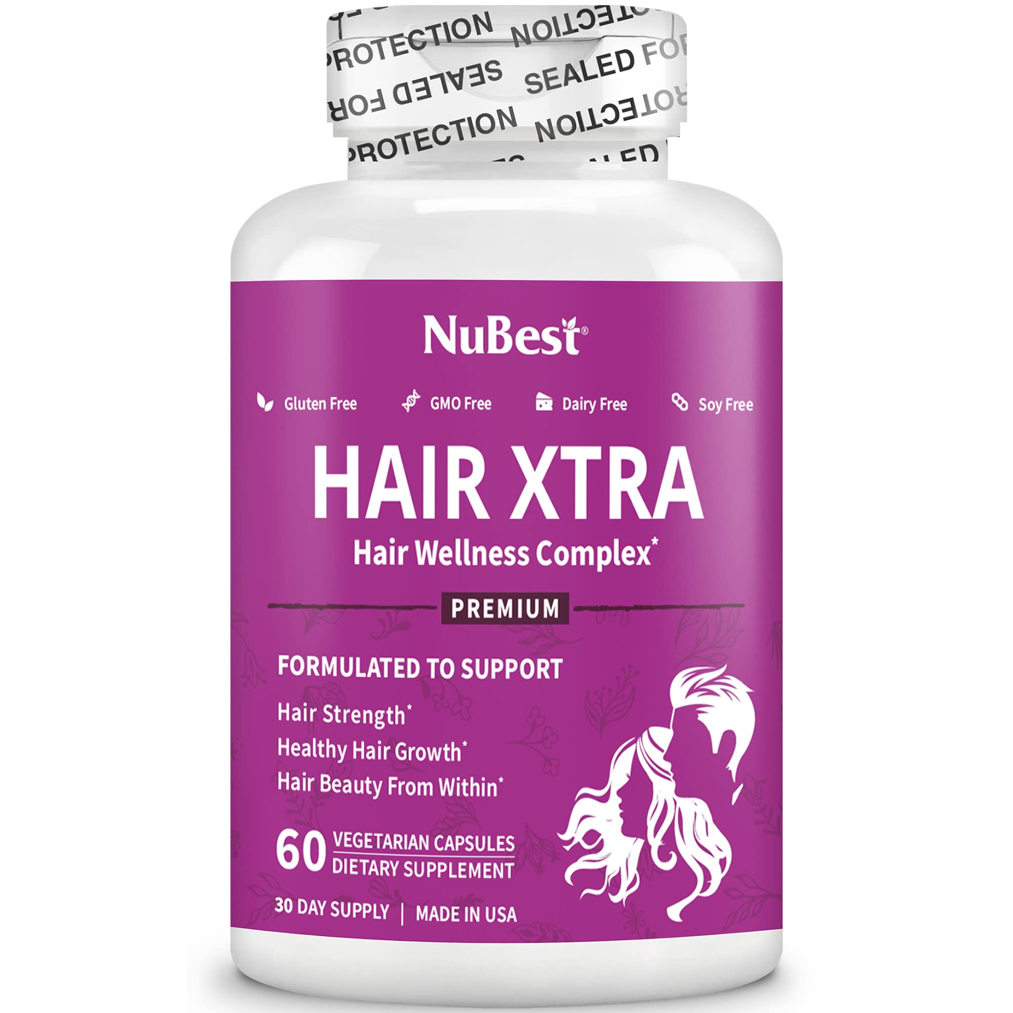 NuBest Hair Xtra Hair Growth Vitamins for Women & Men, Biotin 3000 mcg Hair Supplement with MSM, Zinc, B Vitamins, Horsetail & Hyaluronic Acid, Hair Skin and Nails Support, 60 Capsules