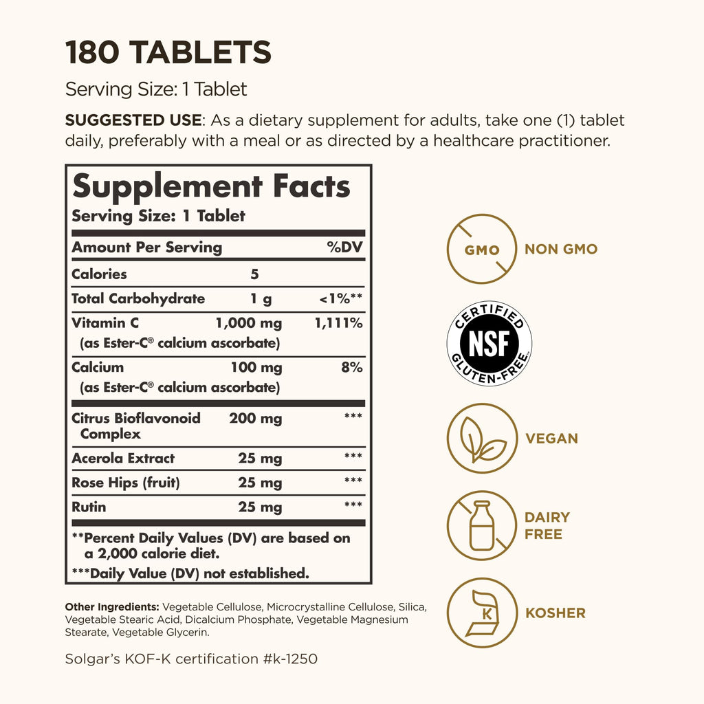 Solgar Ester-C Plus 1000 mg Vitamin C (Ascorbate Complex) - 180 Tablets - Gentle & Non Acidic - Supports Upper Respiratory Health - Non-GMO, Gluten-Free - 180 Servings