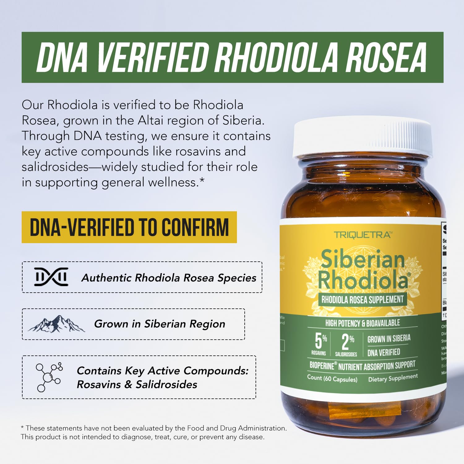 Max Strength Siberian Rhodiola®: Rhodiola Rosea 5% Rosavins, 2% Salidroside & BioPerine® for Enhanced Absorption – Helps Support Stress, Energy & Focus* – Grown in Siberia, DNA Verified (60 Capsules)