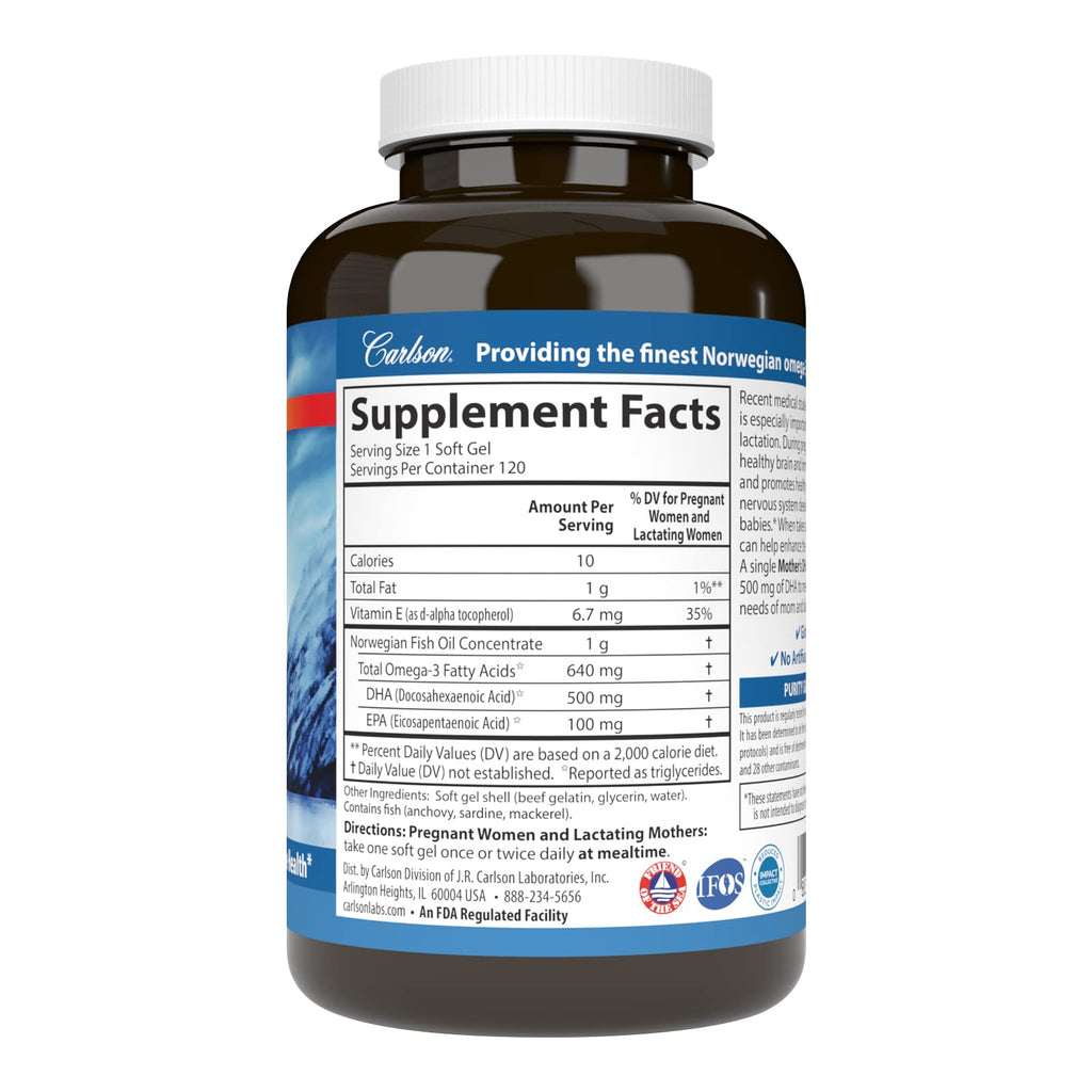 Carlson Mother's DHA, 500 mg, DHA, Nutrients for Baby & Mom, 120 Softgels