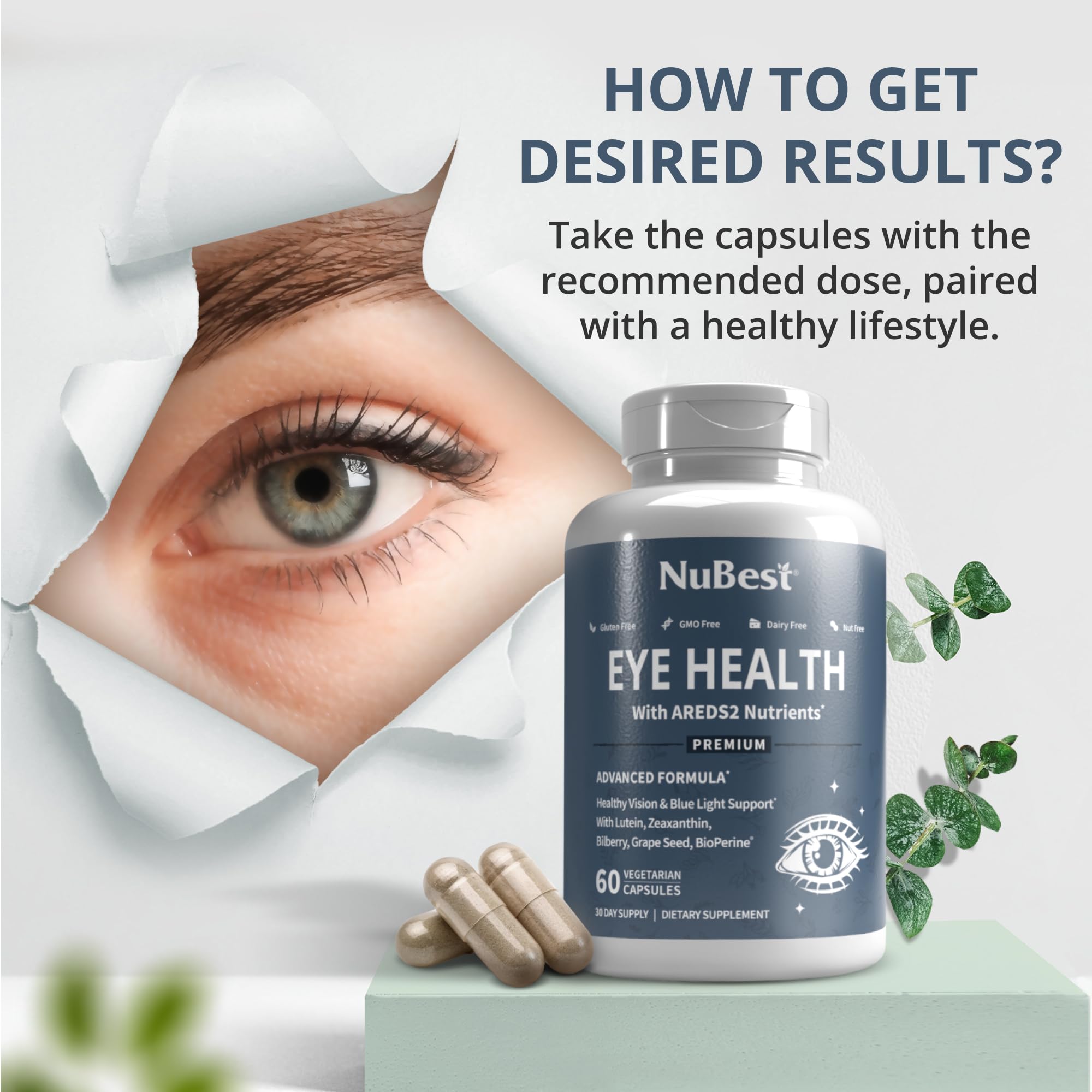 NuBest AREDS 2 Eye Vitamins with Beta Carotene Carrot Powder, 20mg Lutein, 4mg Zeaxanthin, Bilberry, Grape Seed, BioPerine, B-Complex, Multivitamin for Eye Health | 1 Month Supply