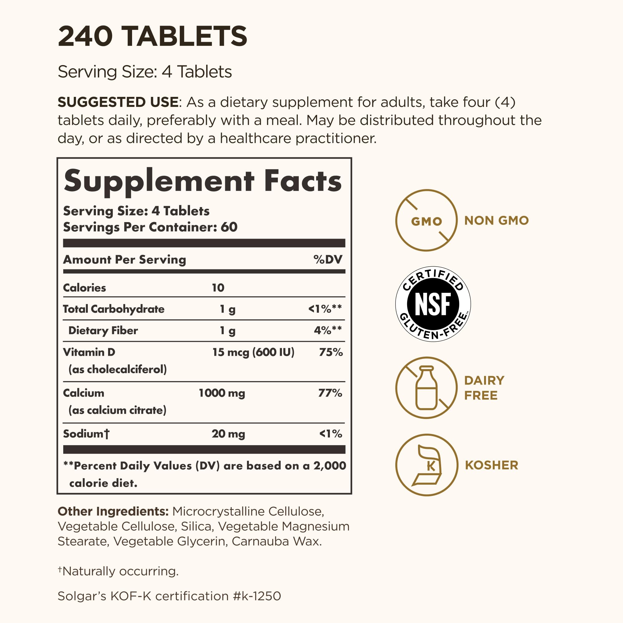Solgar Calcium Citrate with Vitamin D3, 240 Tablets - Promotes Healthy Bones & Teeth, Supports Musculoskeletal & Nervous Systems - Non-GMO, Gluten-Free, Dairy Free, Kosher - 60 Servings