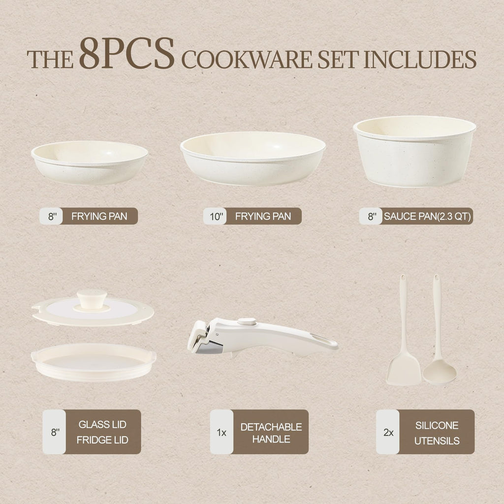 Ceramic Cookware Set Non Stick 8Pcs Pots and Pans Set Detachable Handle Induction Kitchen Cooking Set with Frying Pans Oven Dishwasher Safe, PFAS/PFOA Free, Cream White