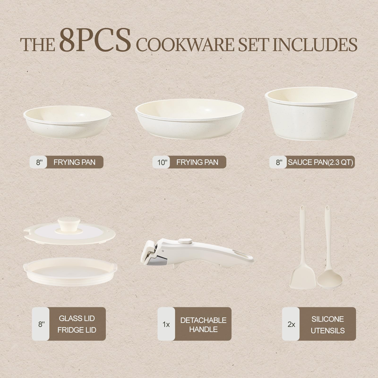 Ceramic Cookware Set Non Stick 8Pcs Pots and Pans Set Detachable Handle Induction Kitchen Cooking Set with Frying Pans Oven Dishwasher Safe, PFAS/PFOA Free, Cream White