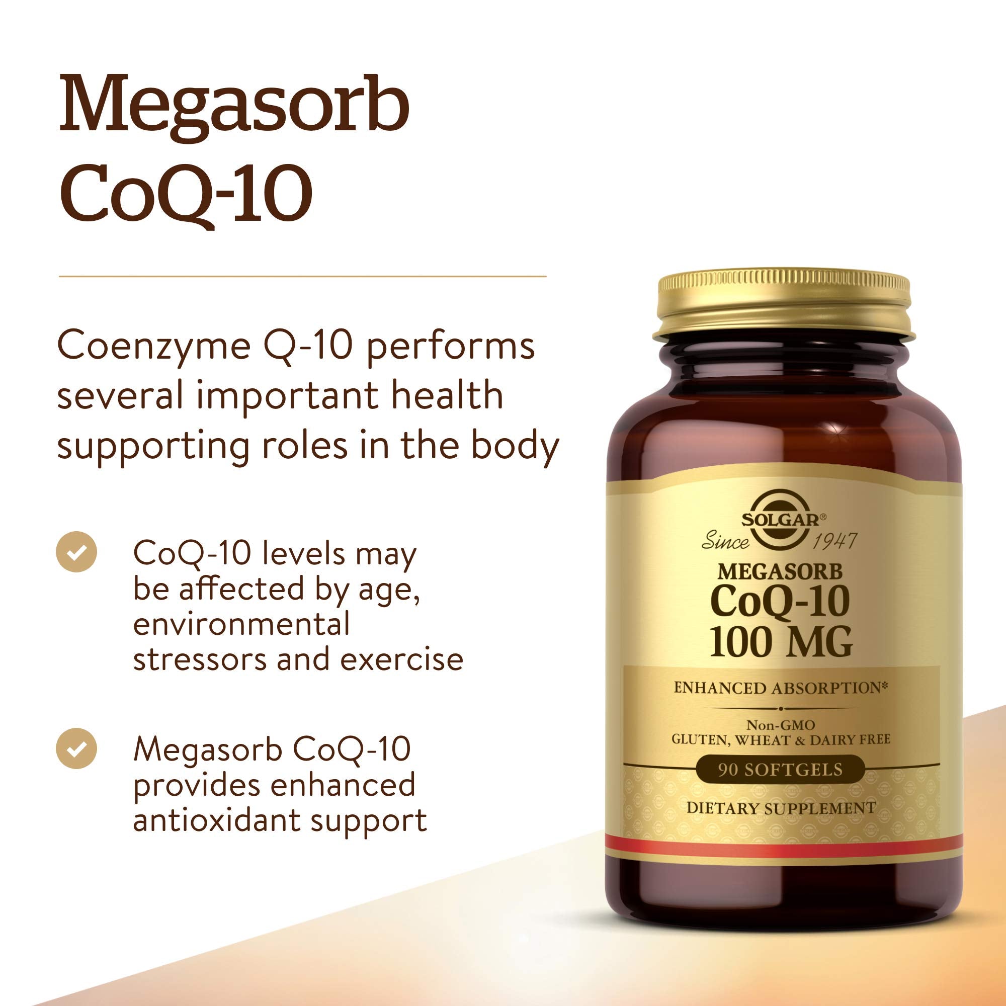 Solgar Megasorb CoQ-10 100 mg, 90 Softgels - Supports Healthy Aging - Coenzyme Q10 Supplement - Enhanced Absorption - Non-GMO, Gluten Free, Dairy Free - 90 Servings