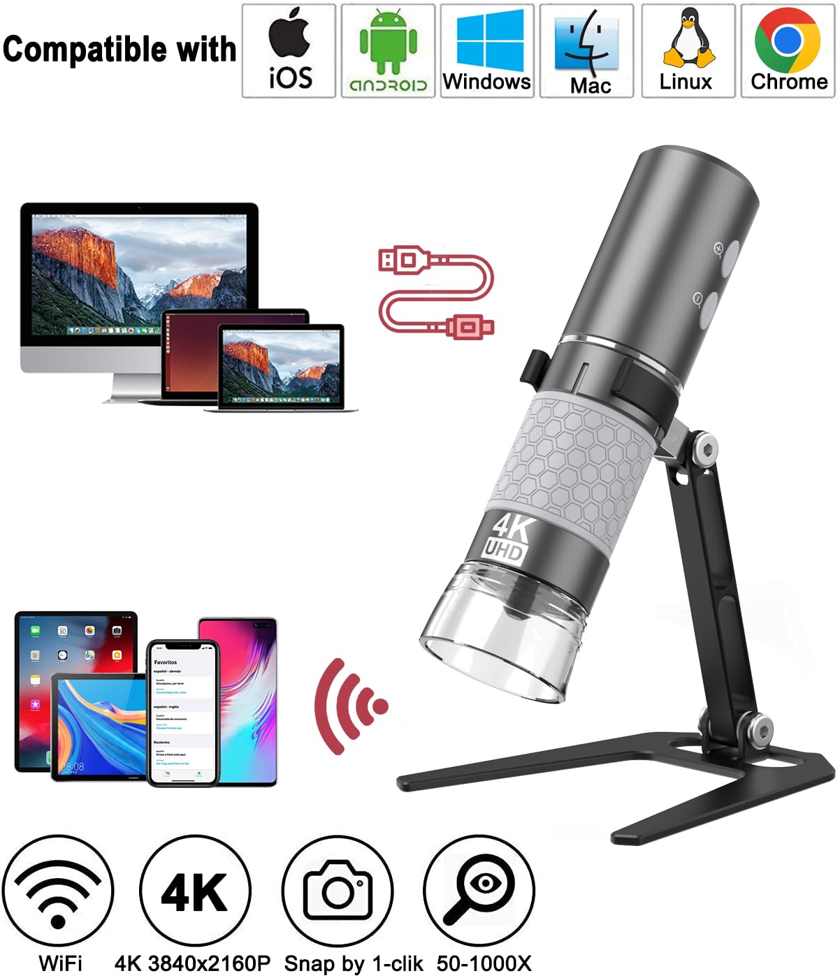 Jiusion 4K 50-1000x WiFi USB Digital Handheld Microscope with Metal Stand