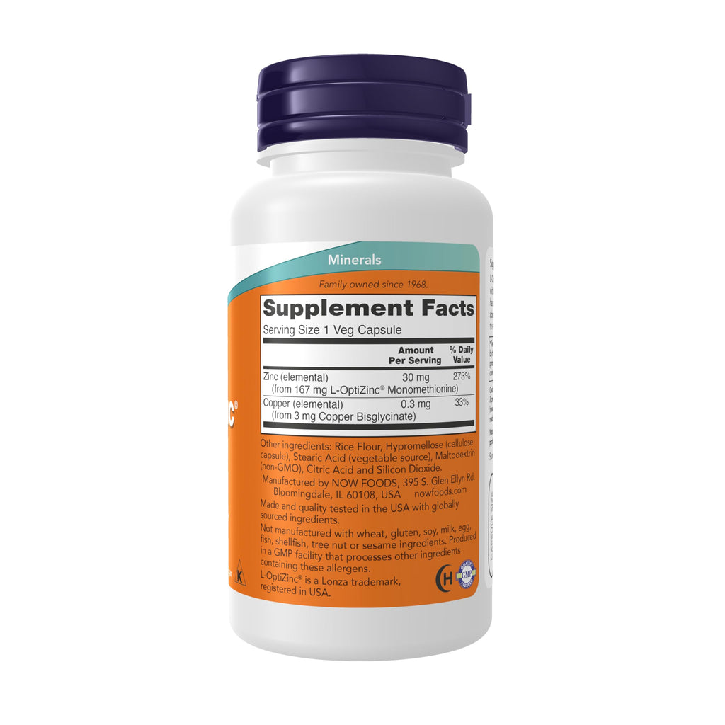 NOW Foods Supplements, L-OptiZinc® 30 mg with Copper, Highly Bioavailable Form, Immune Support*, 100 Veg Capsules