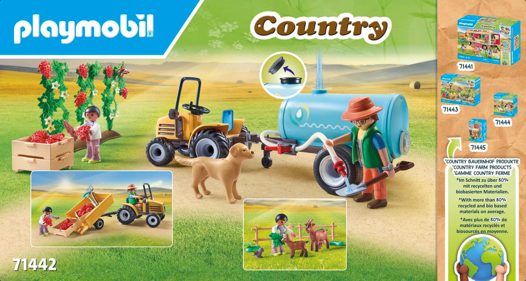 PLAYMOBIL Country 71442 Tractor with Trailer and Tank, Fresh Harvest on the Farm, Learning about the Environment, Imaginative and Fun Role Playing, Toys for Kids Ages 4 and Up