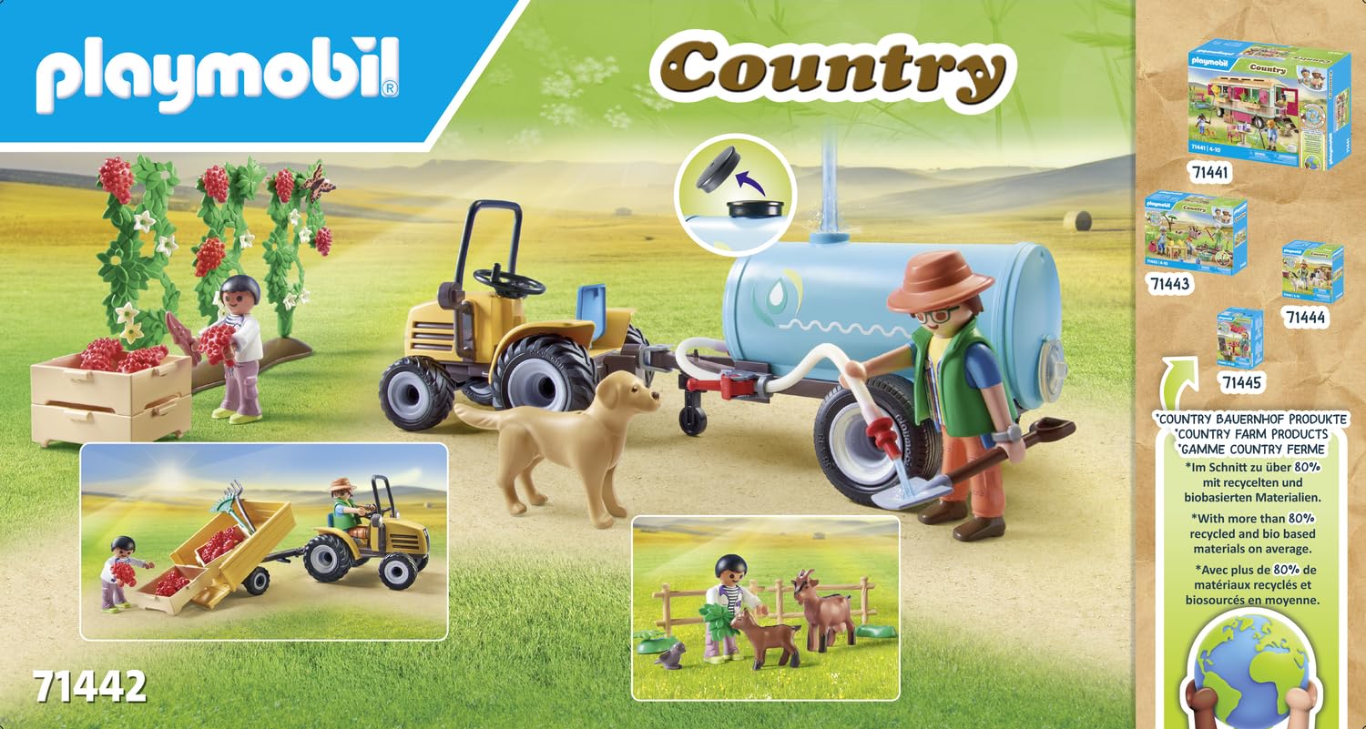 PLAYMOBIL Country 71442 Tractor with Trailer and Tank, Fresh Harvest on the Farm, Learning about the Environment, Imaginative and Fun Role Playing, Toys for Kids Ages 4 and Up